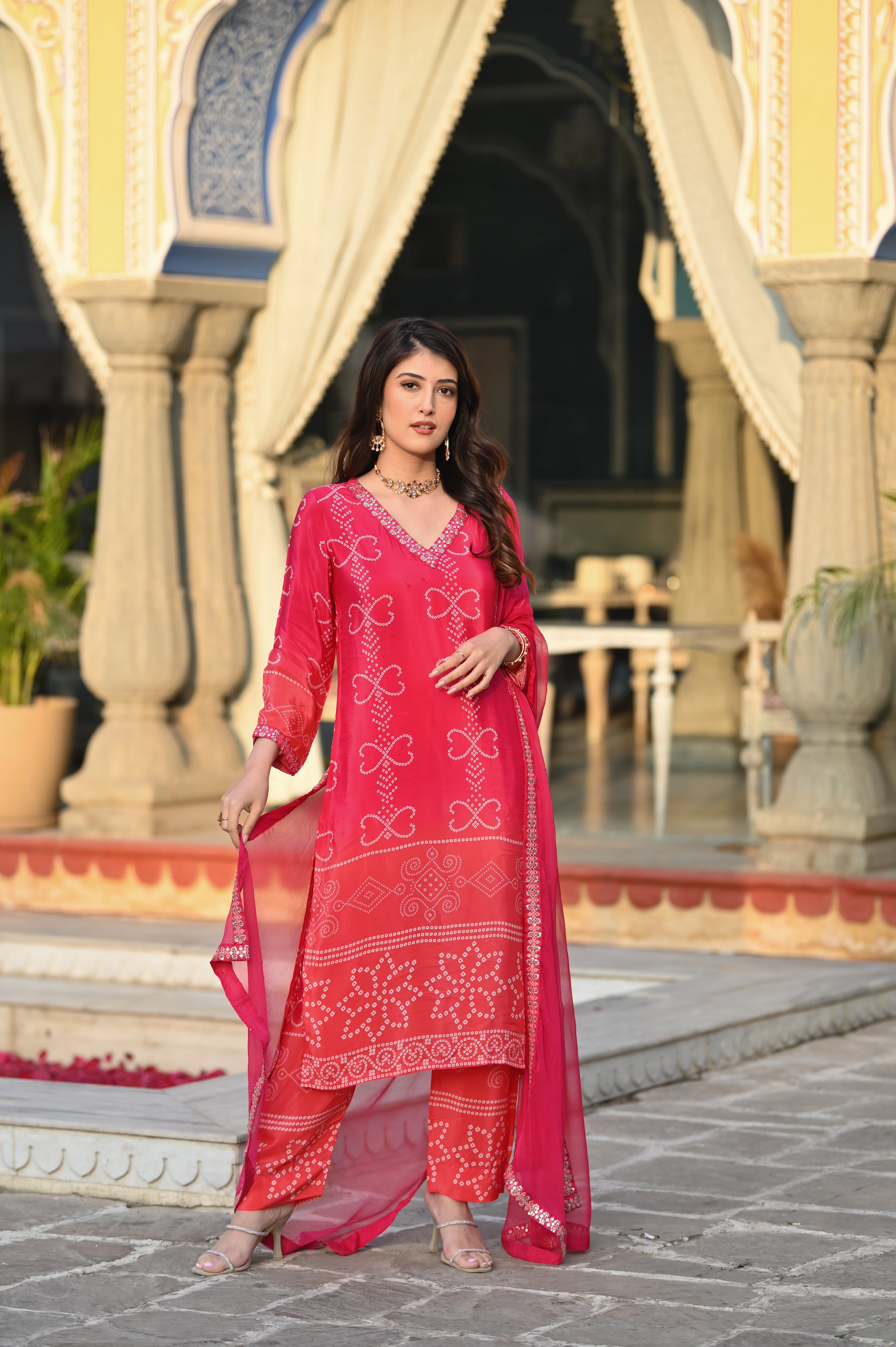 Deep Pink Handcrafted Luxurious Bandhani Suit Set