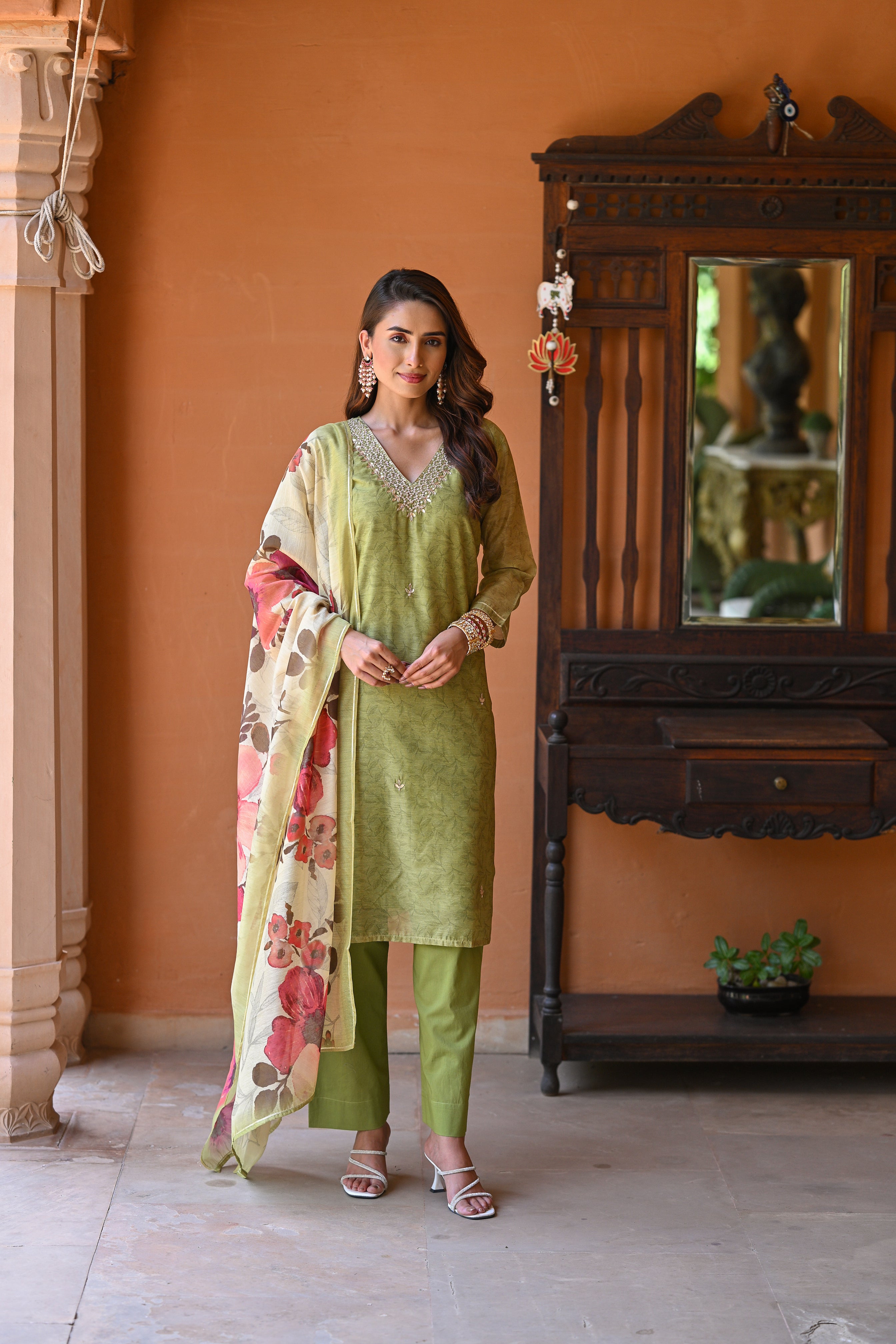 Green Striped Chanderi Suit Set
