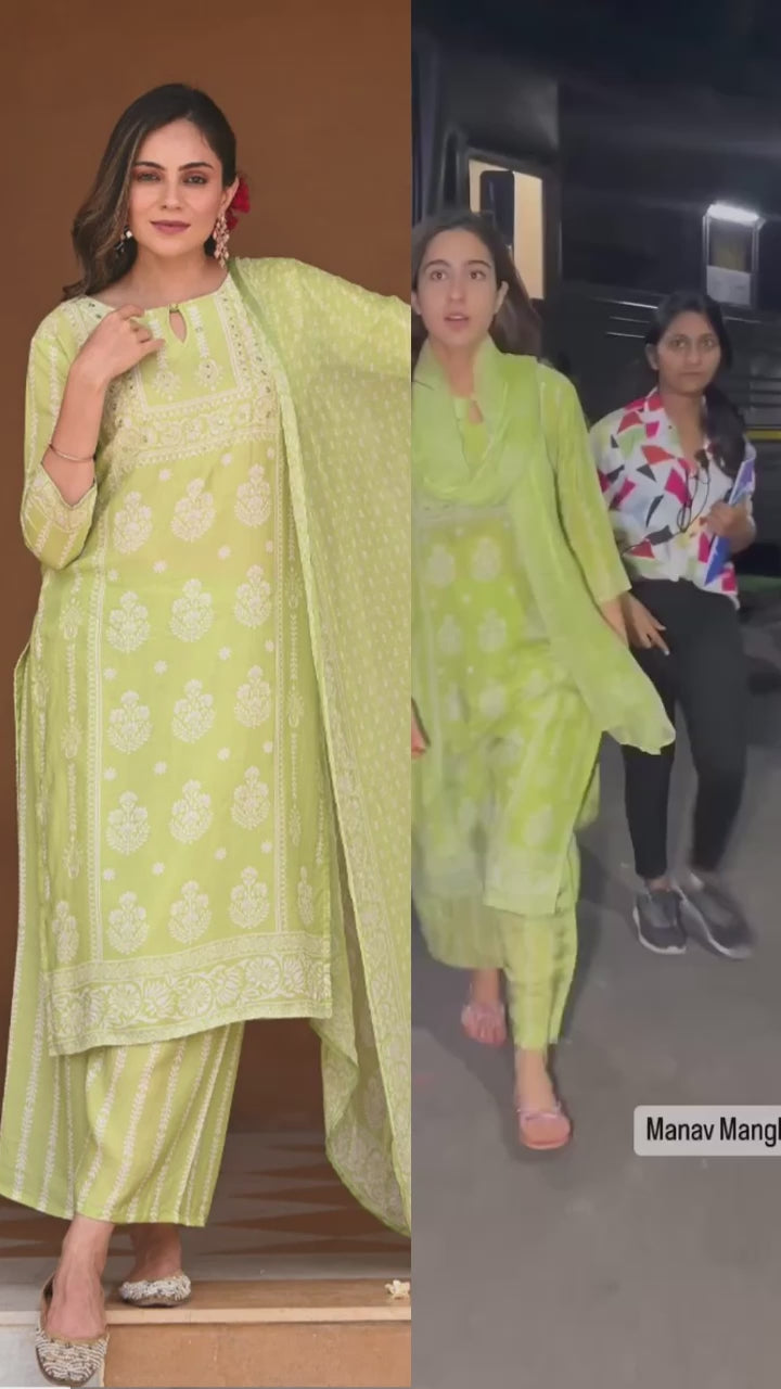 Sara Ali Khan In Pastel Green Muslin Suit Set with chiffon Dupatta