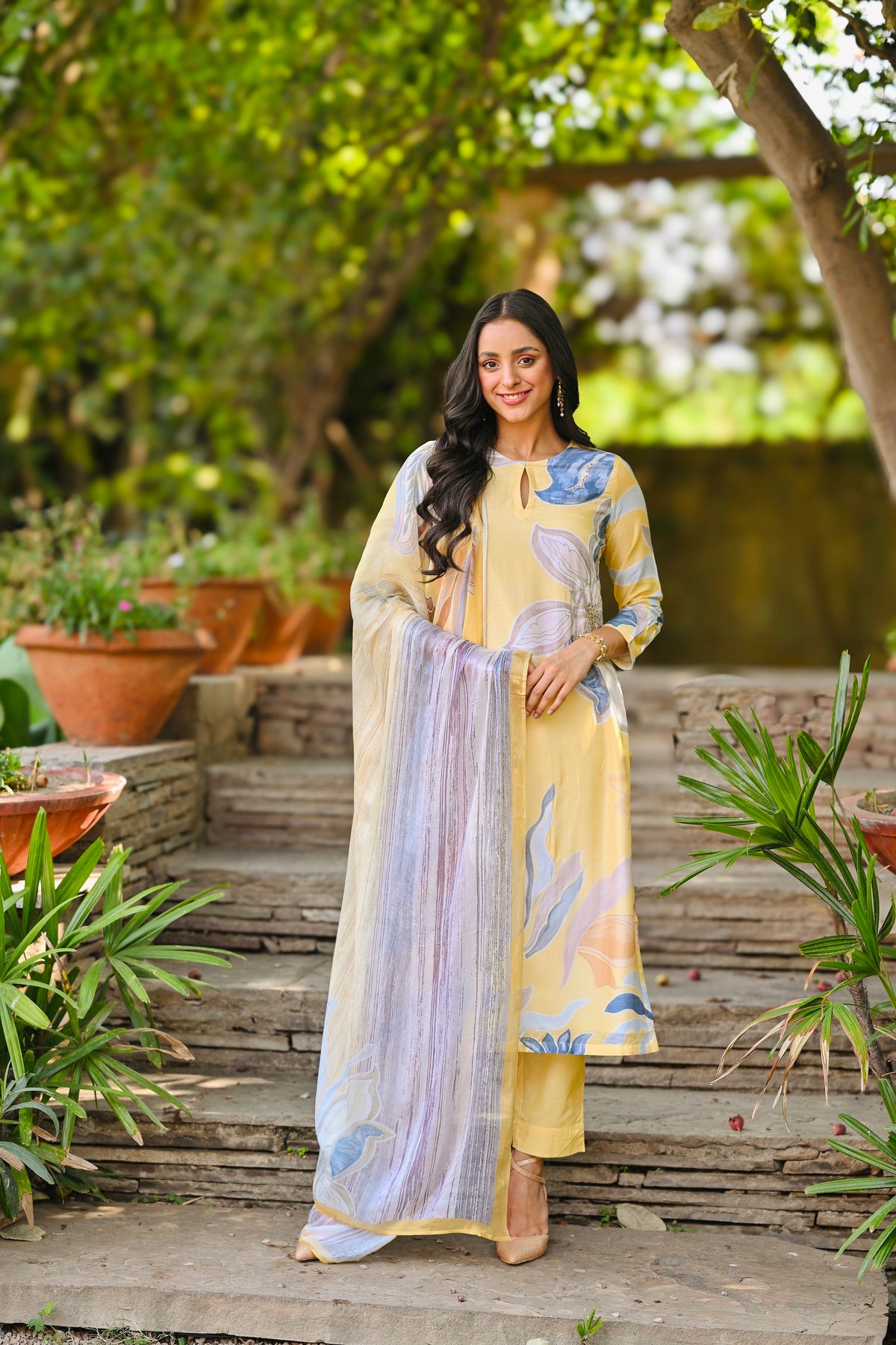 Yellow and Blue Bloom Pure Muslin with Spread Thread and Tari Hand Wor ...