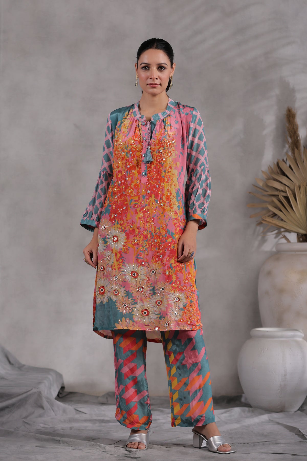 Multicoloured blooming kurta set with spread delicate sequence and thread work