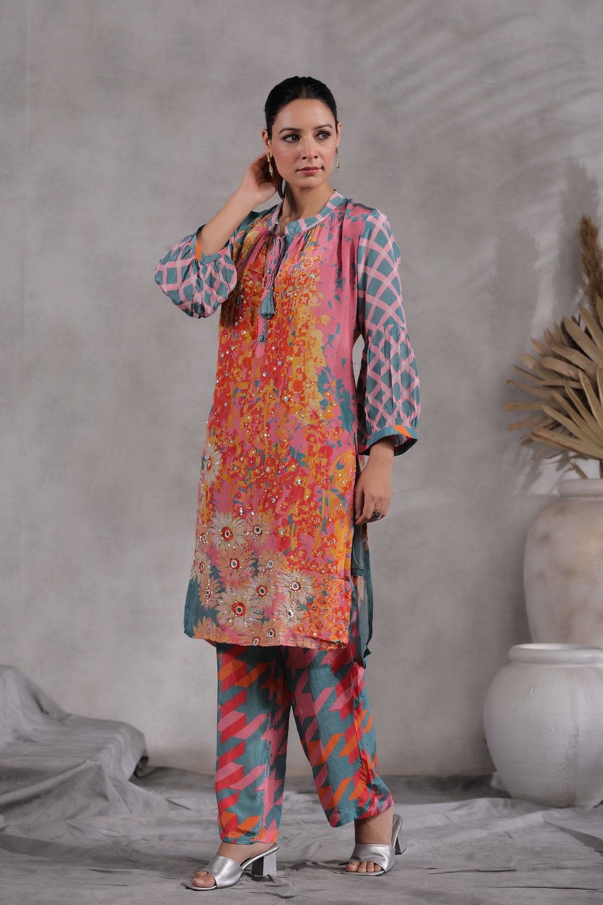 Multicoloured blooming kurta set with spread delicate sequence and thread work