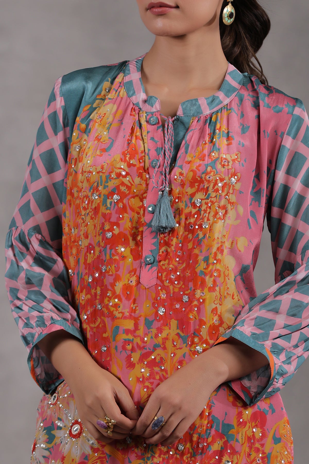 Multicoloured blooming kurta set with spread delicate sequence and thread work