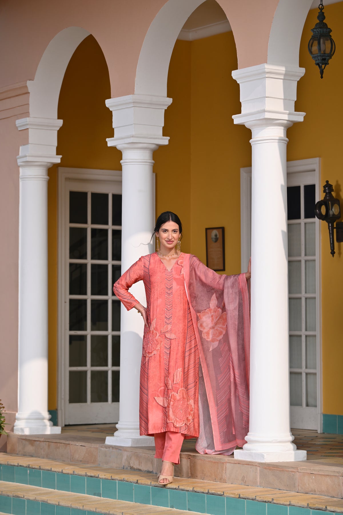 Peach and Grey Fagun Floral Patch and Embroidery Work Muslin Suit