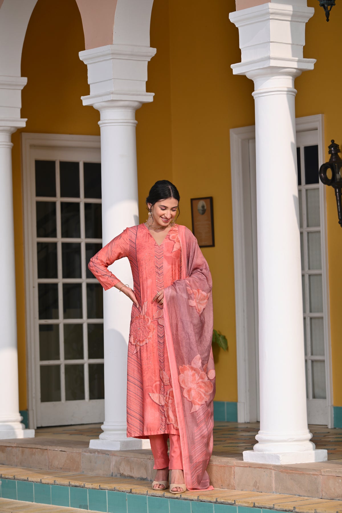 Peach and Grey Fagun Floral Patch and Embroidery Work Muslin Suit