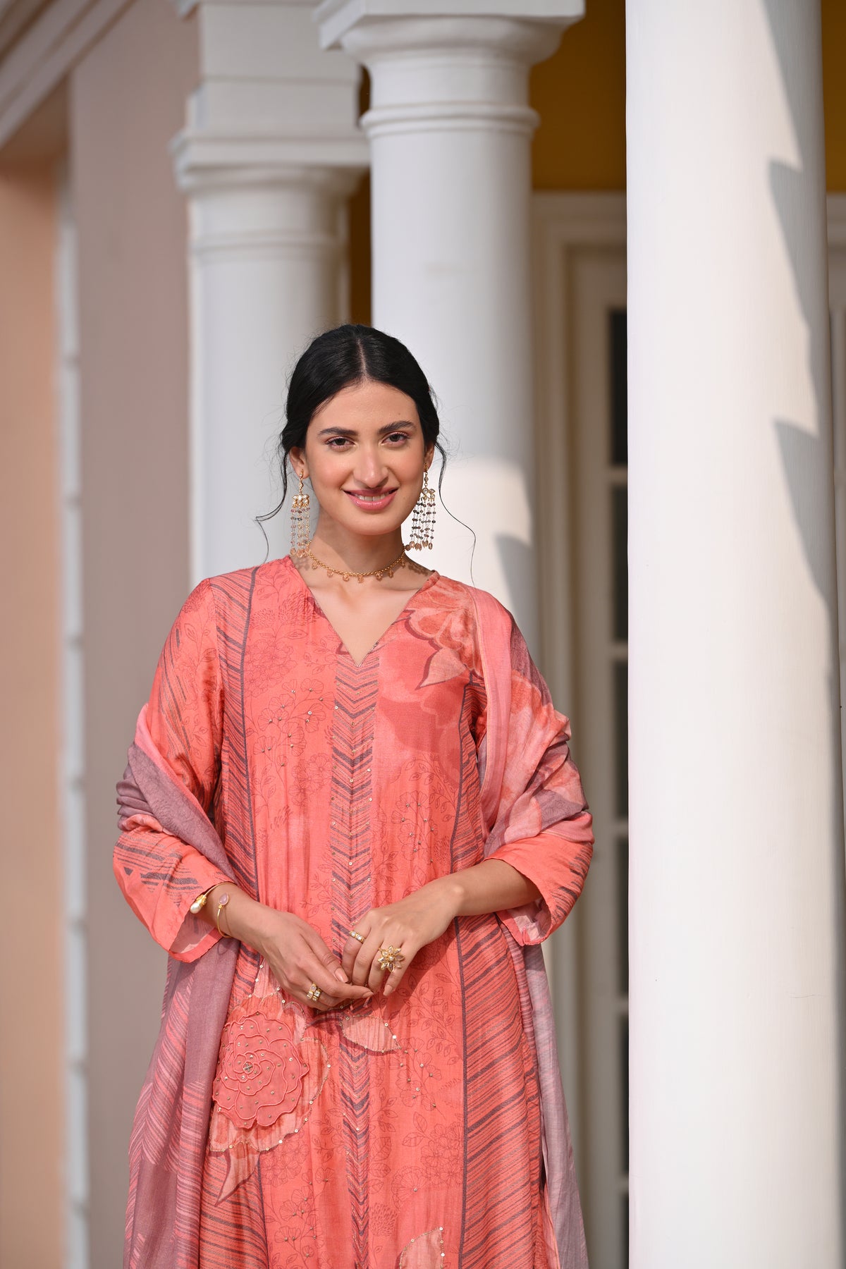Peach and Grey Fagun Floral Patch and Embroidery Work Muslin Suit