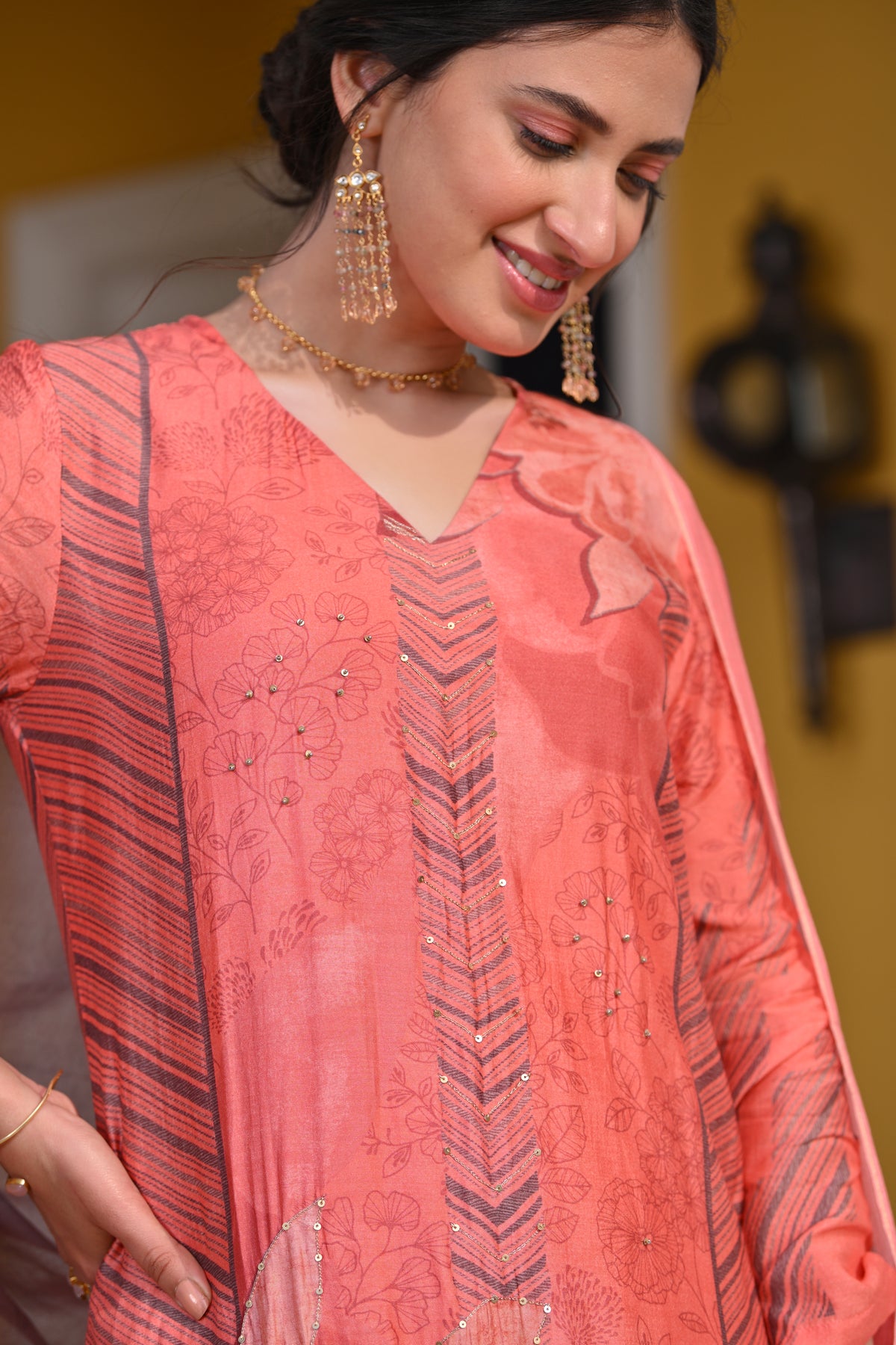 Peach and Grey Fagun Floral Patch and Embroidery Work Muslin Suit
