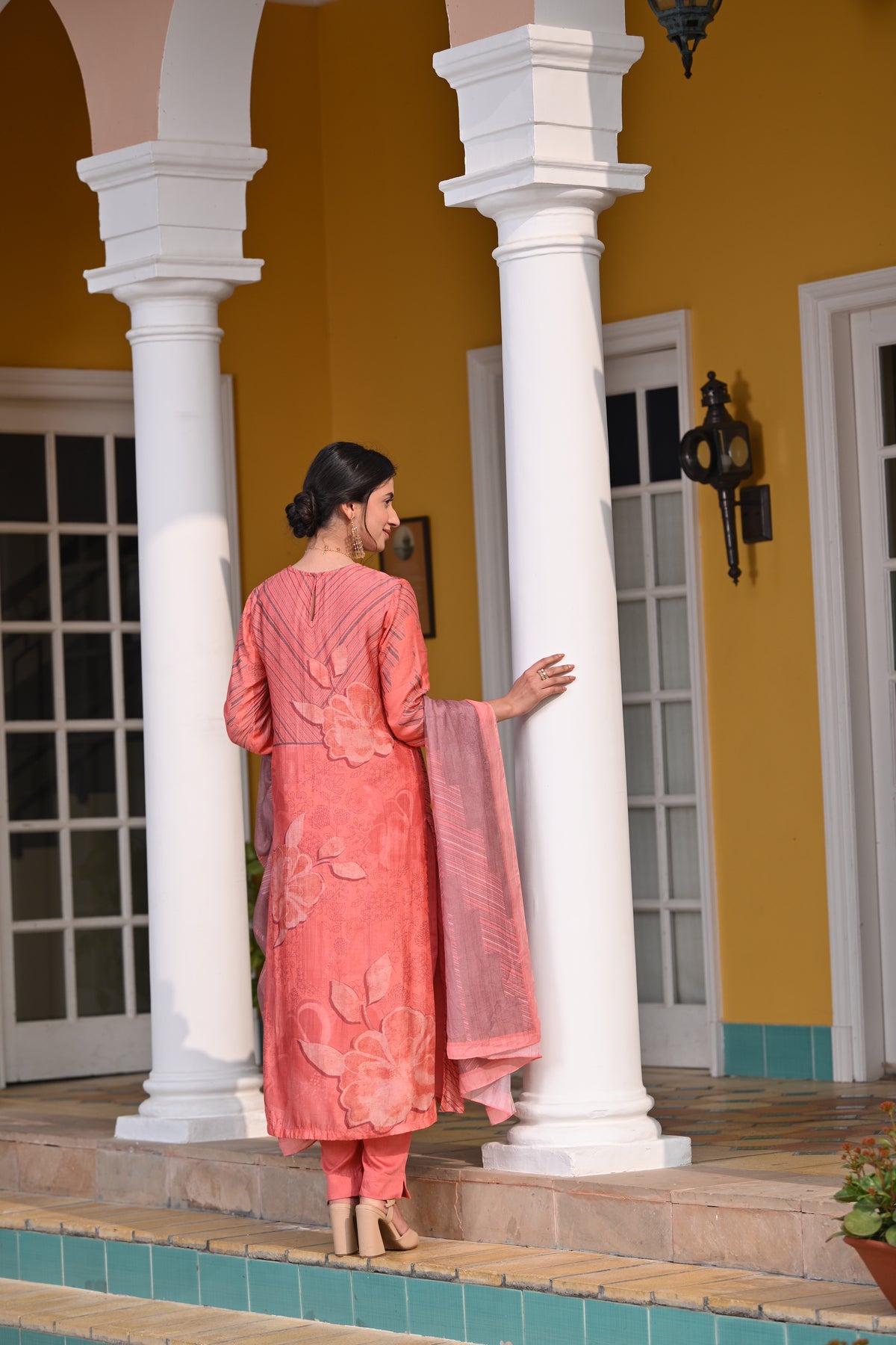 Peach and Grey Fagun Floral Patch and Embroidery Work Muslin Suit