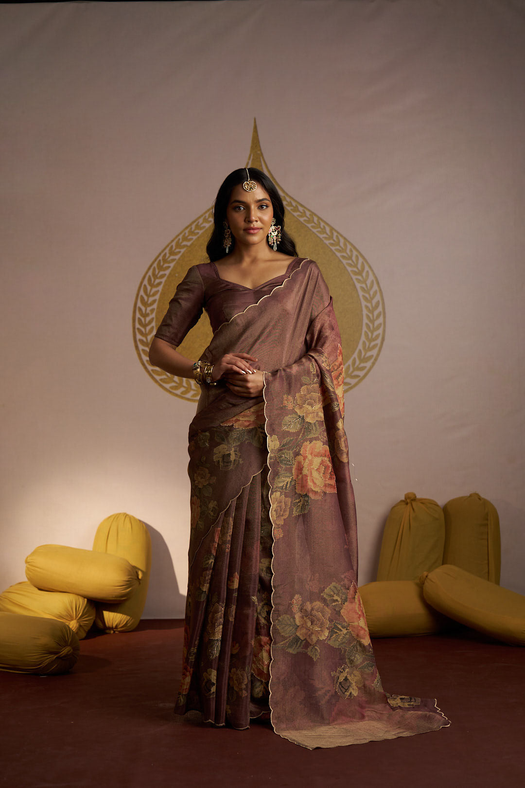 Brown shimmer tissue with scallope border and Zari sequence embellishment saree