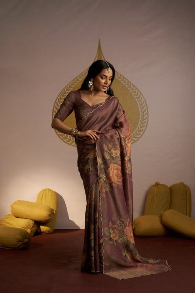 Brown shimmer tissue with scallope border and Zari sequence embellishment saree