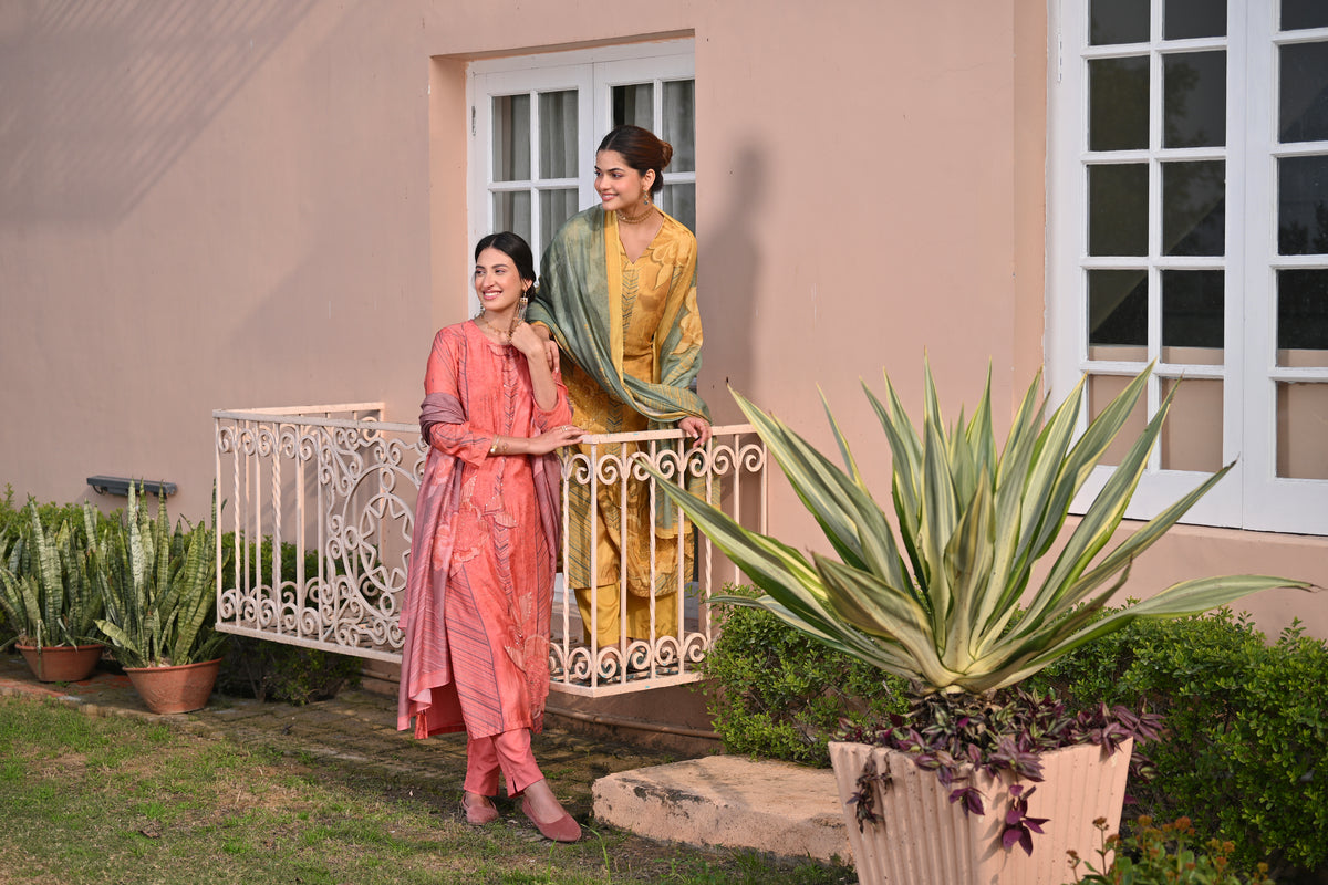 Peach and Grey Fagun Floral Patch and Embroidery Work Muslin Suit