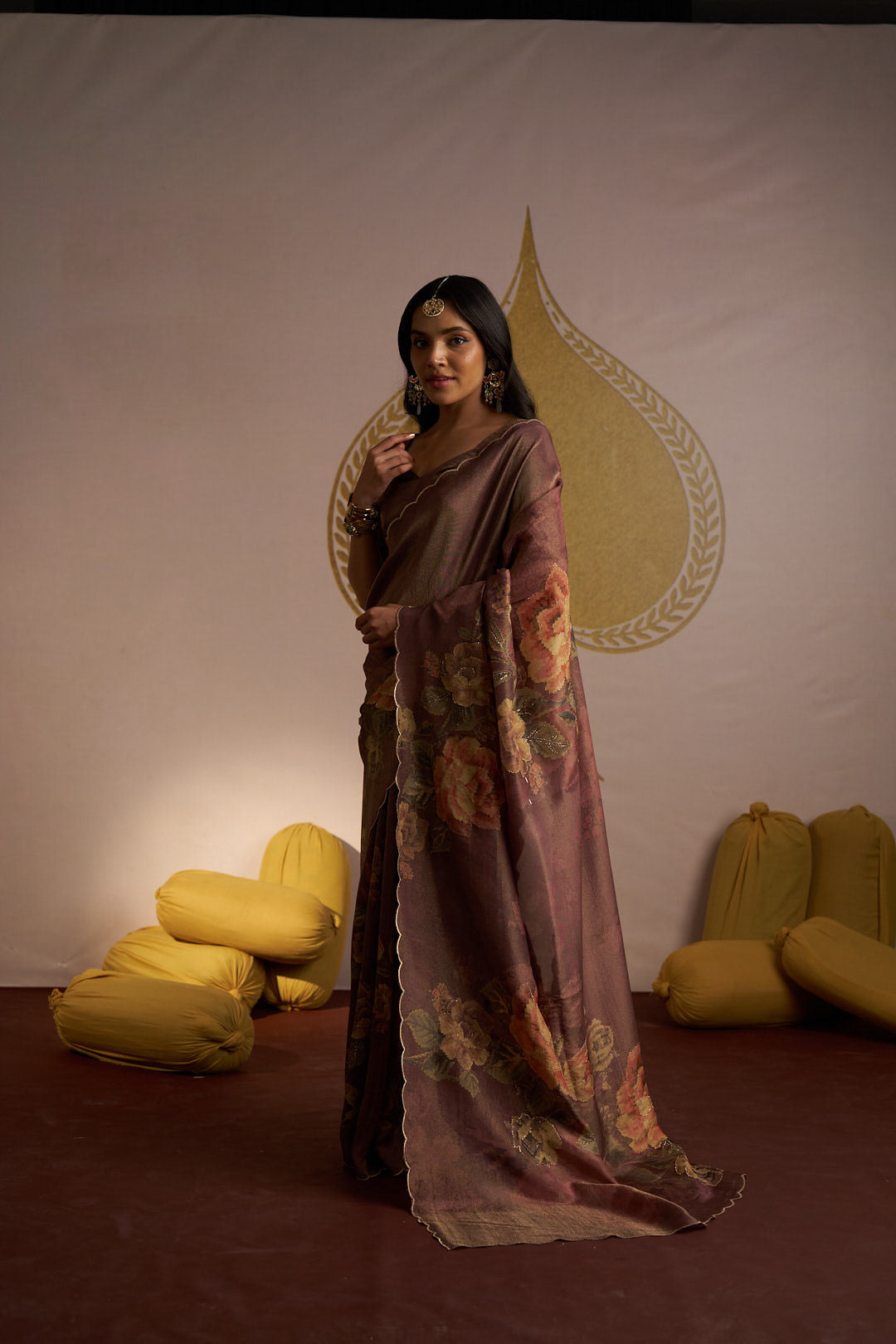 Brown shimmer tissue with scallope border and Zari sequence embellishment saree