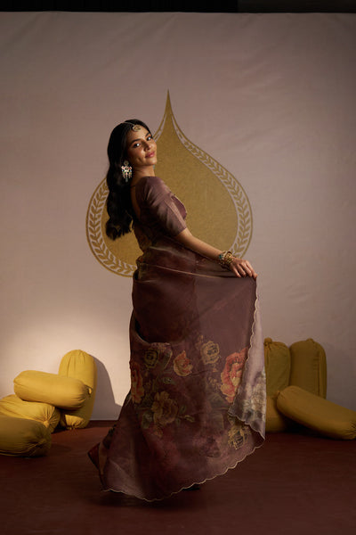 Brown shimmer tissue with scallope border and Zari sequence embellishment saree