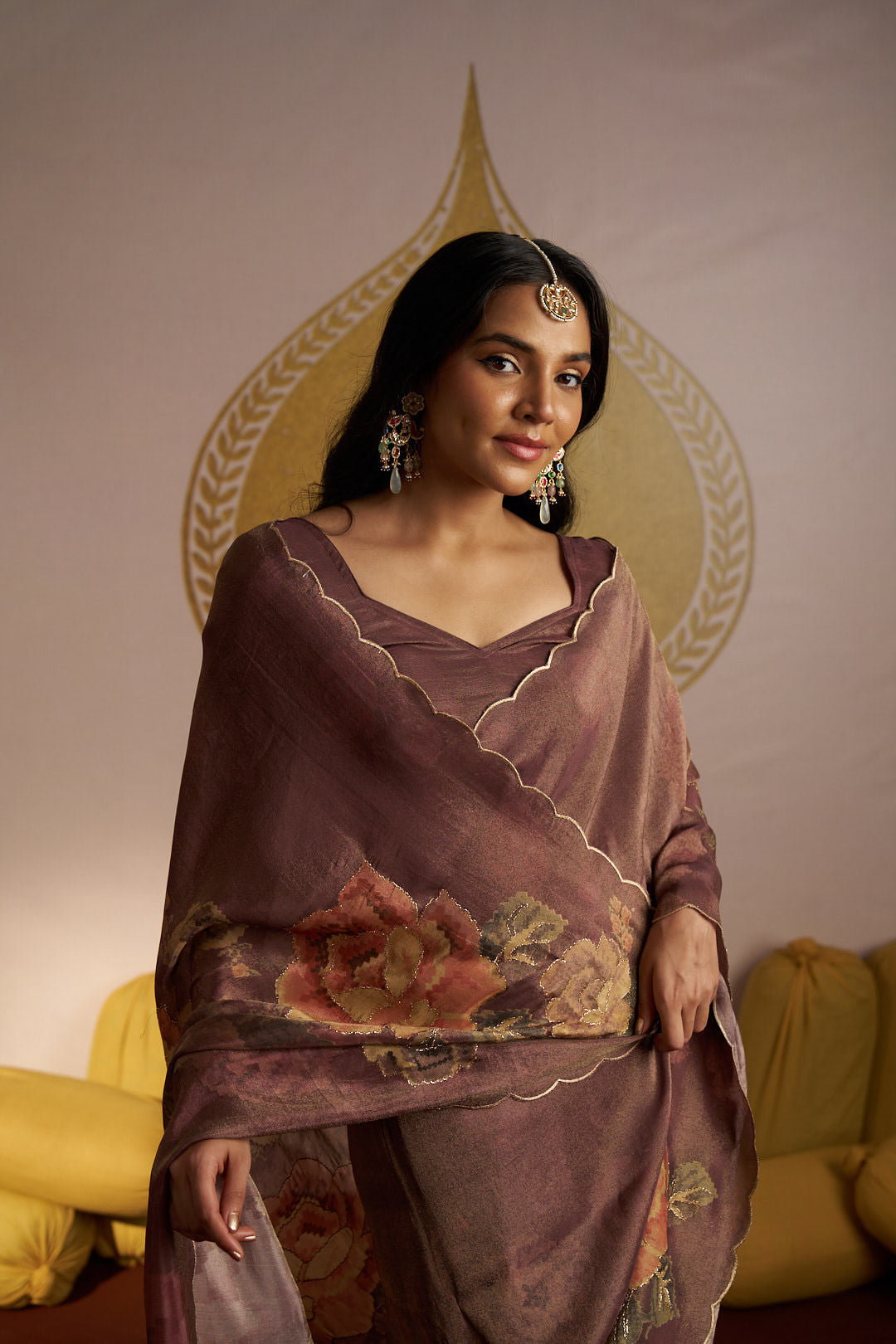 Brown shimmer tissue with scallope border and Zari sequence embellishment saree