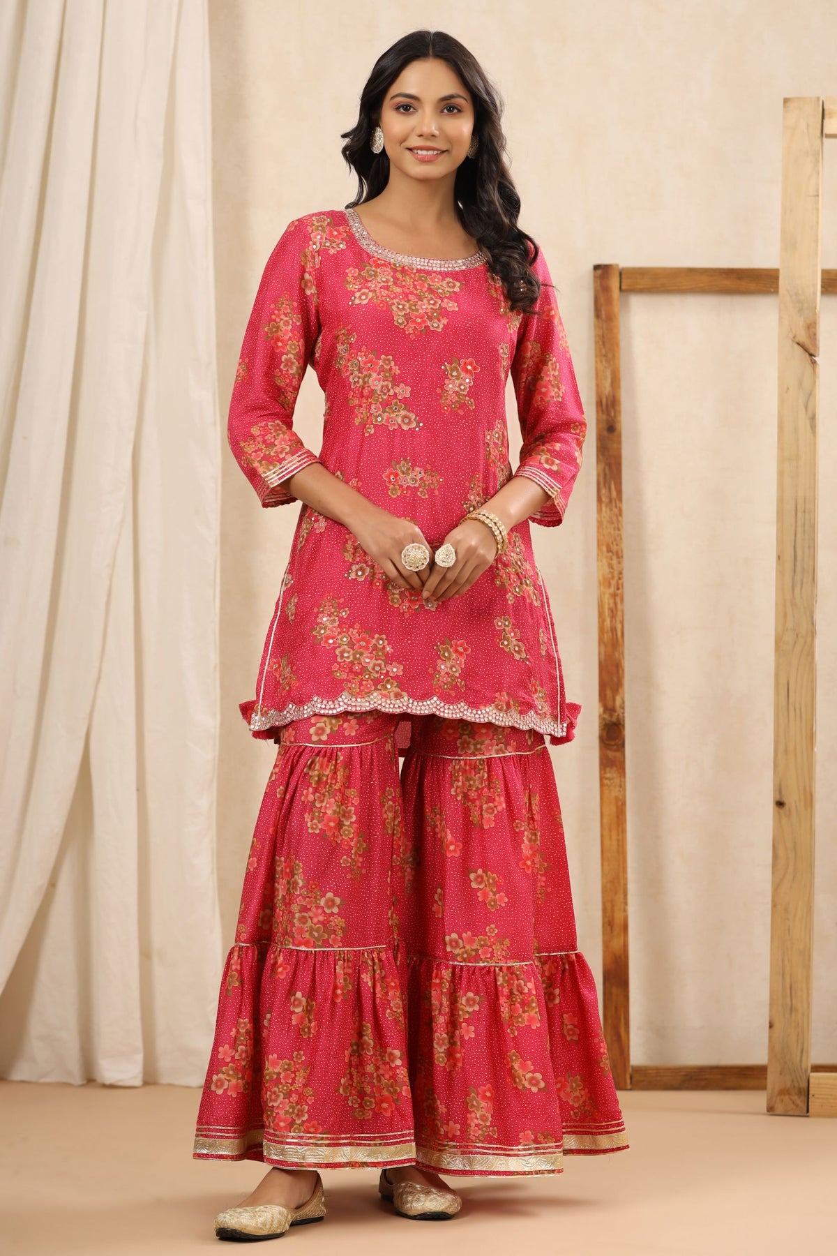 Crimson red floral Muslin sharara suit