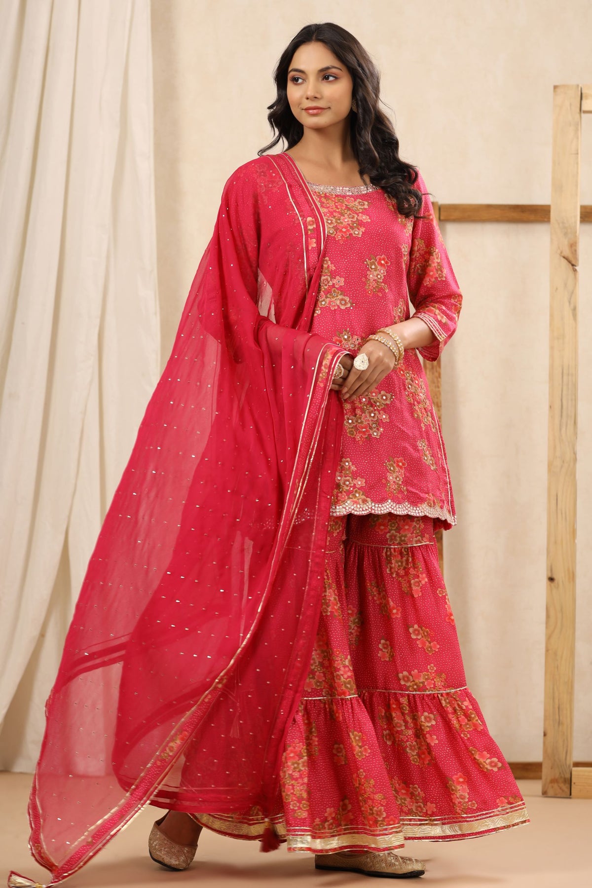 Crimson red floral Muslin sharara suit