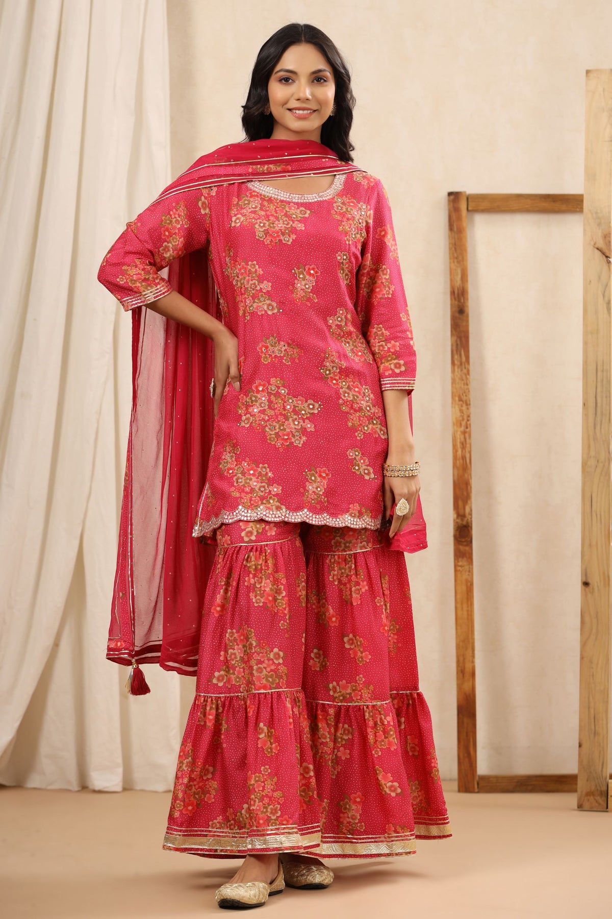Crimson red floral Muslin sharara suit