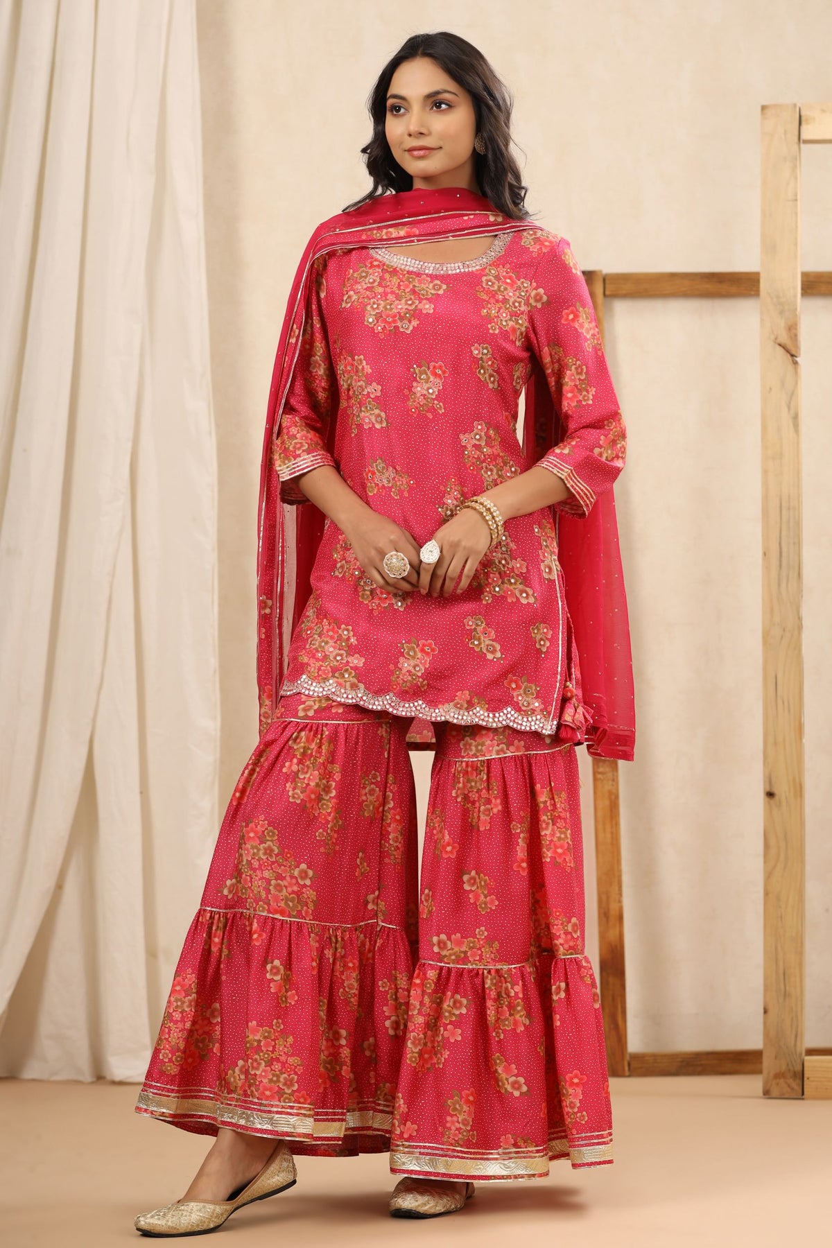 Crimson red floral Muslin sharara suit