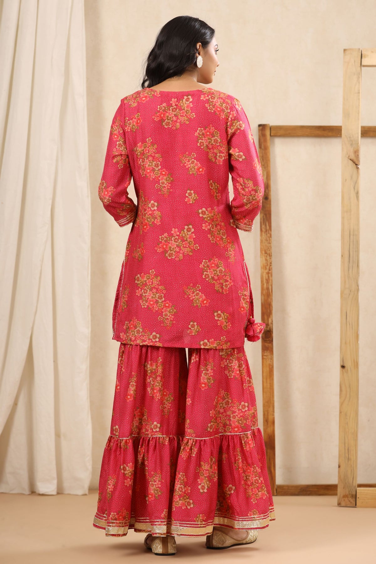 Crimson red floral Muslin sharara suit