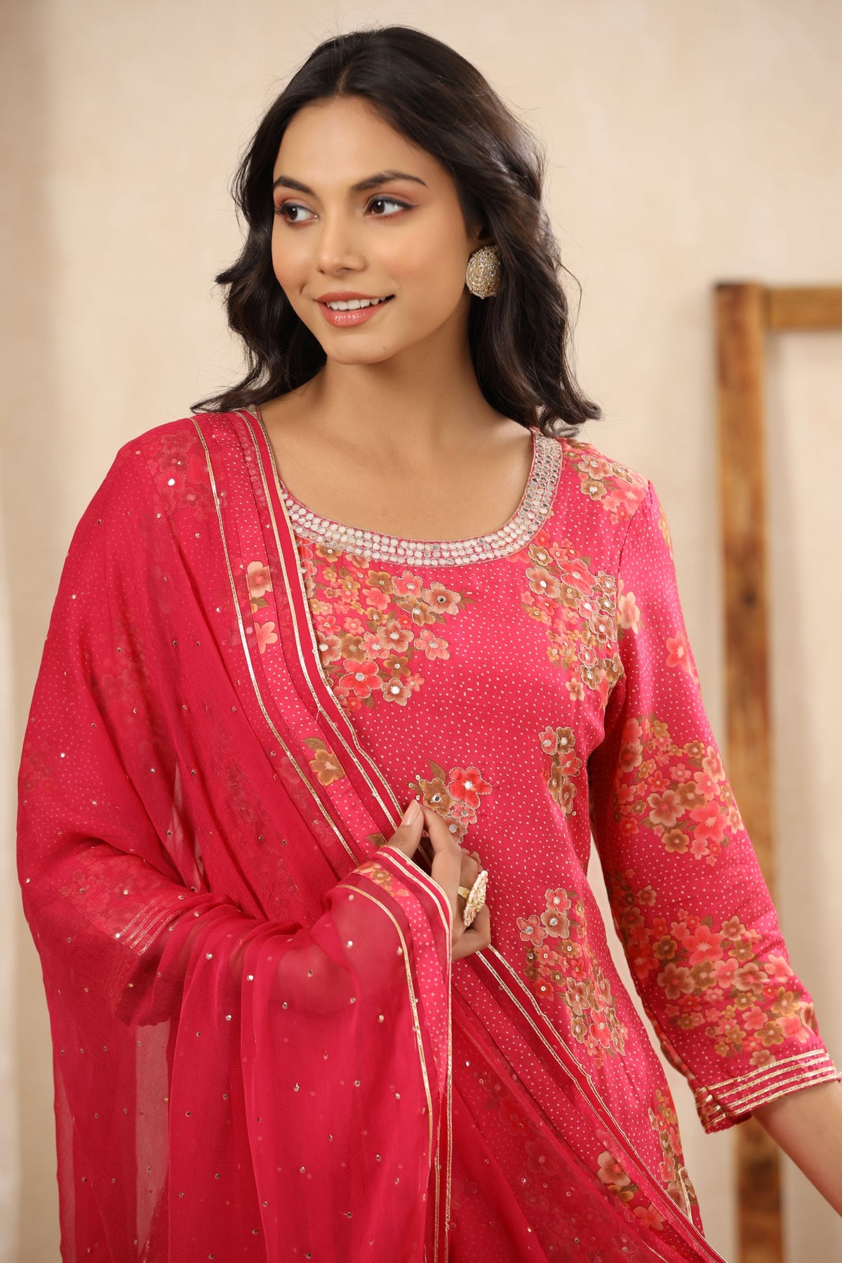 Crimson red floral Muslin sharara suit