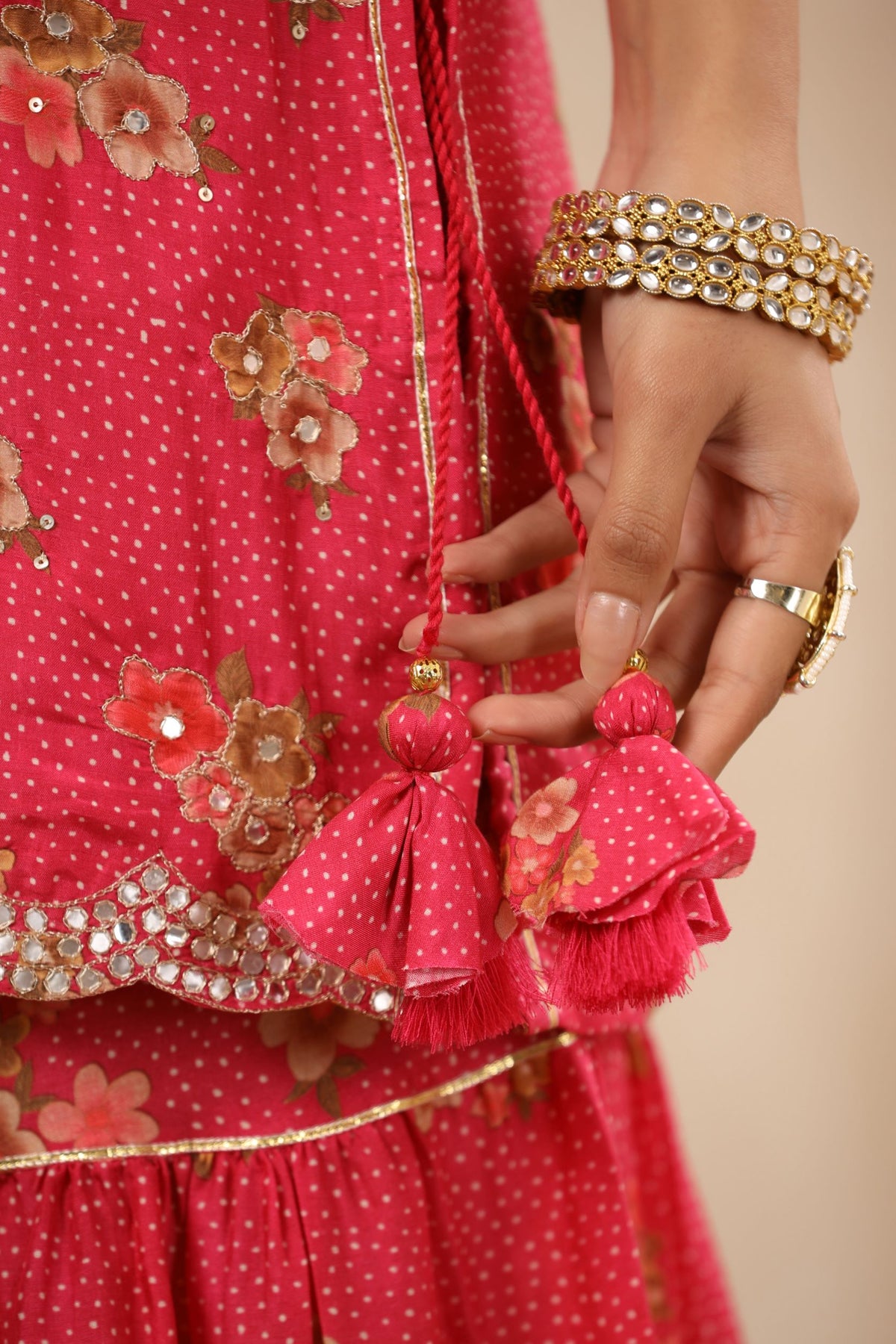 Crimson red floral Muslin sharara suit