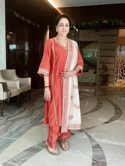Hema Malini in Rustic Orange Gota Work Mul chanderi Block Printed Dupatta Suit Set