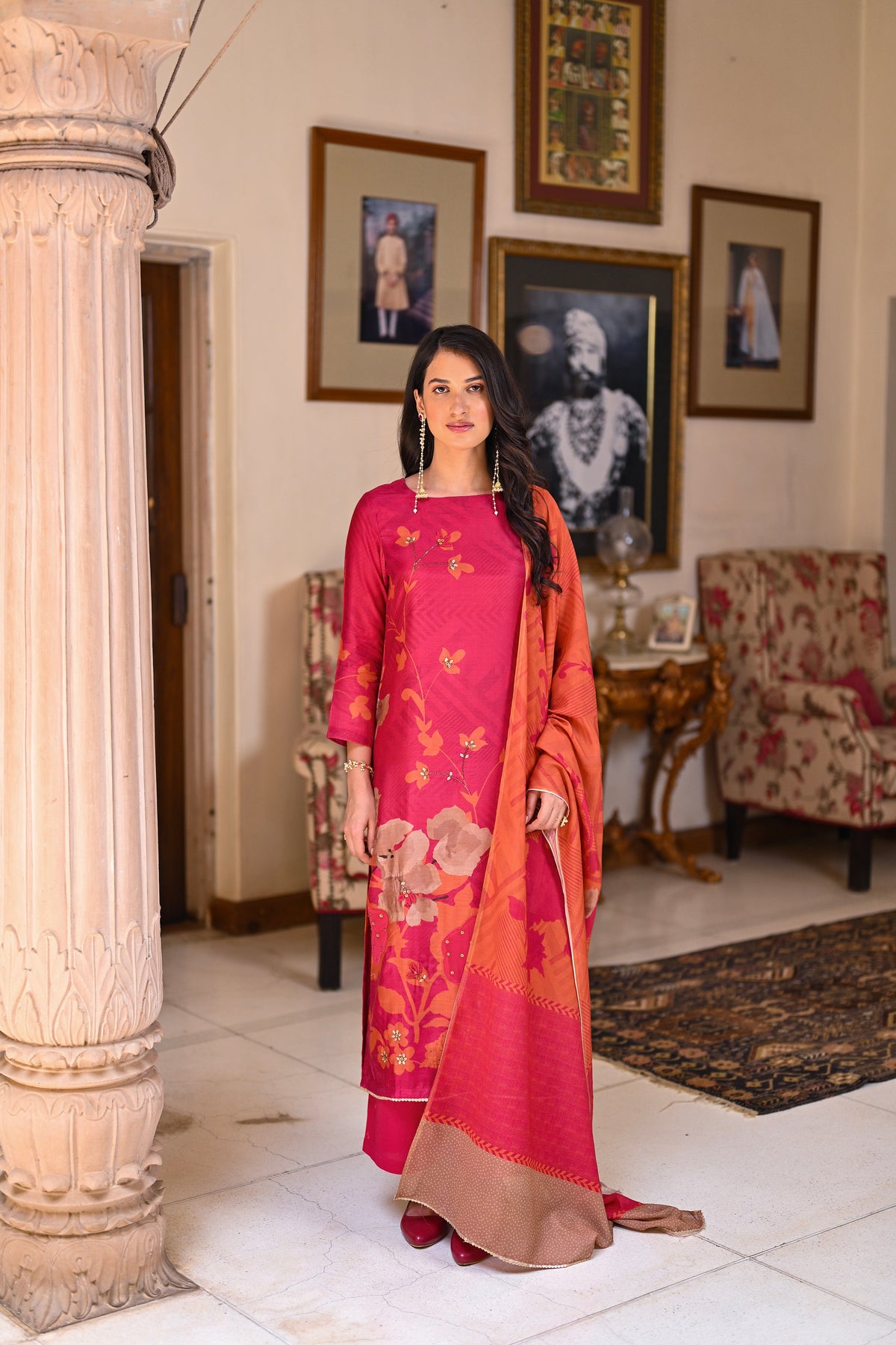 Fresh Pink and Orange Bloom Pure Muslin Suit Set With Patch Work and Moti with Tube Bead Work