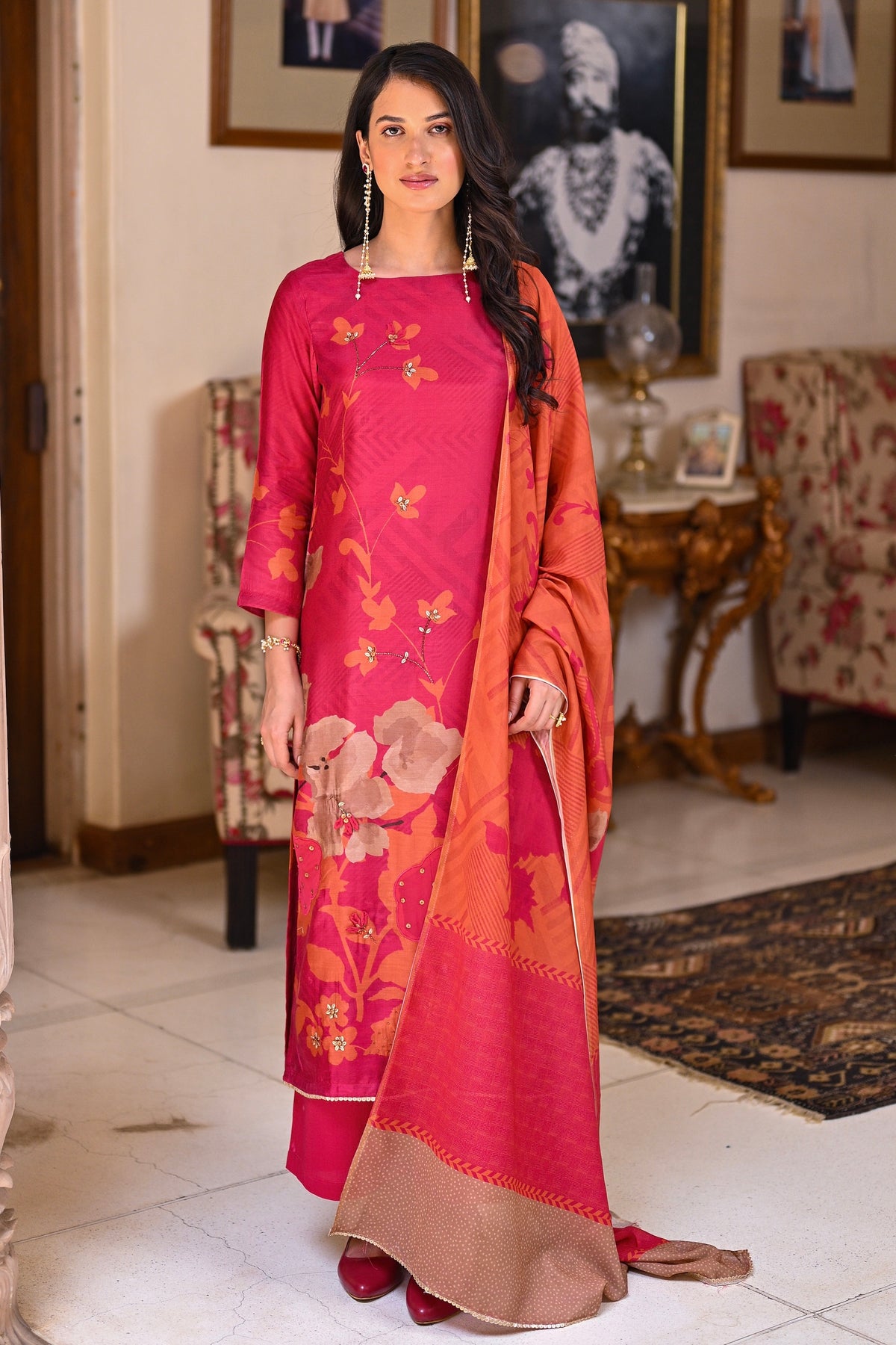 Fresh Pink and Orange Bloom Pure Muslin Suit Set With Patch Work and Moti with Tube Bead Work