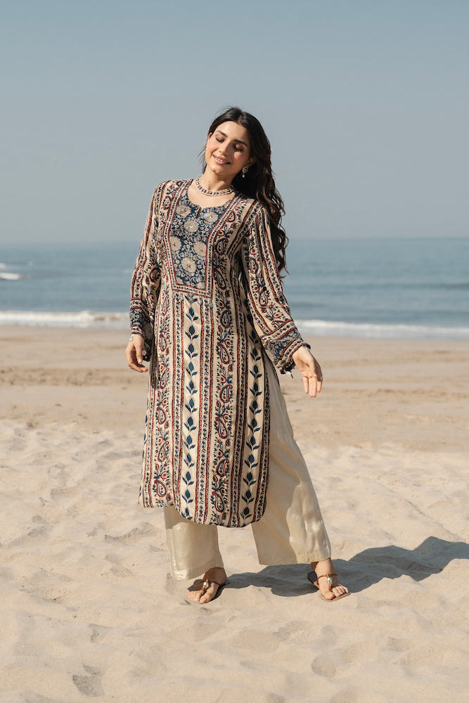 Mehar Ivory Kalamkari Floral Yoke Kurta Set