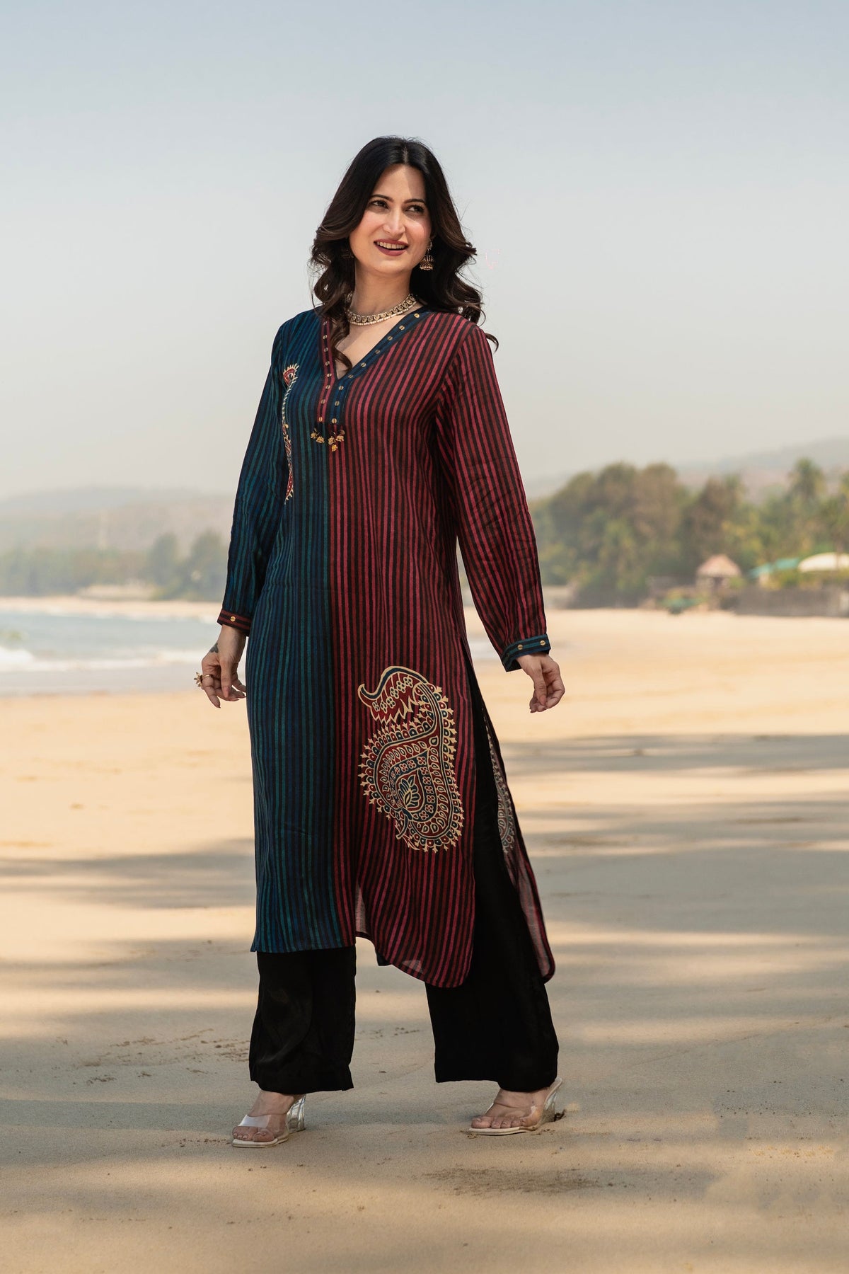Blue and Red Paisley Lining Print Muslin Kurta Set