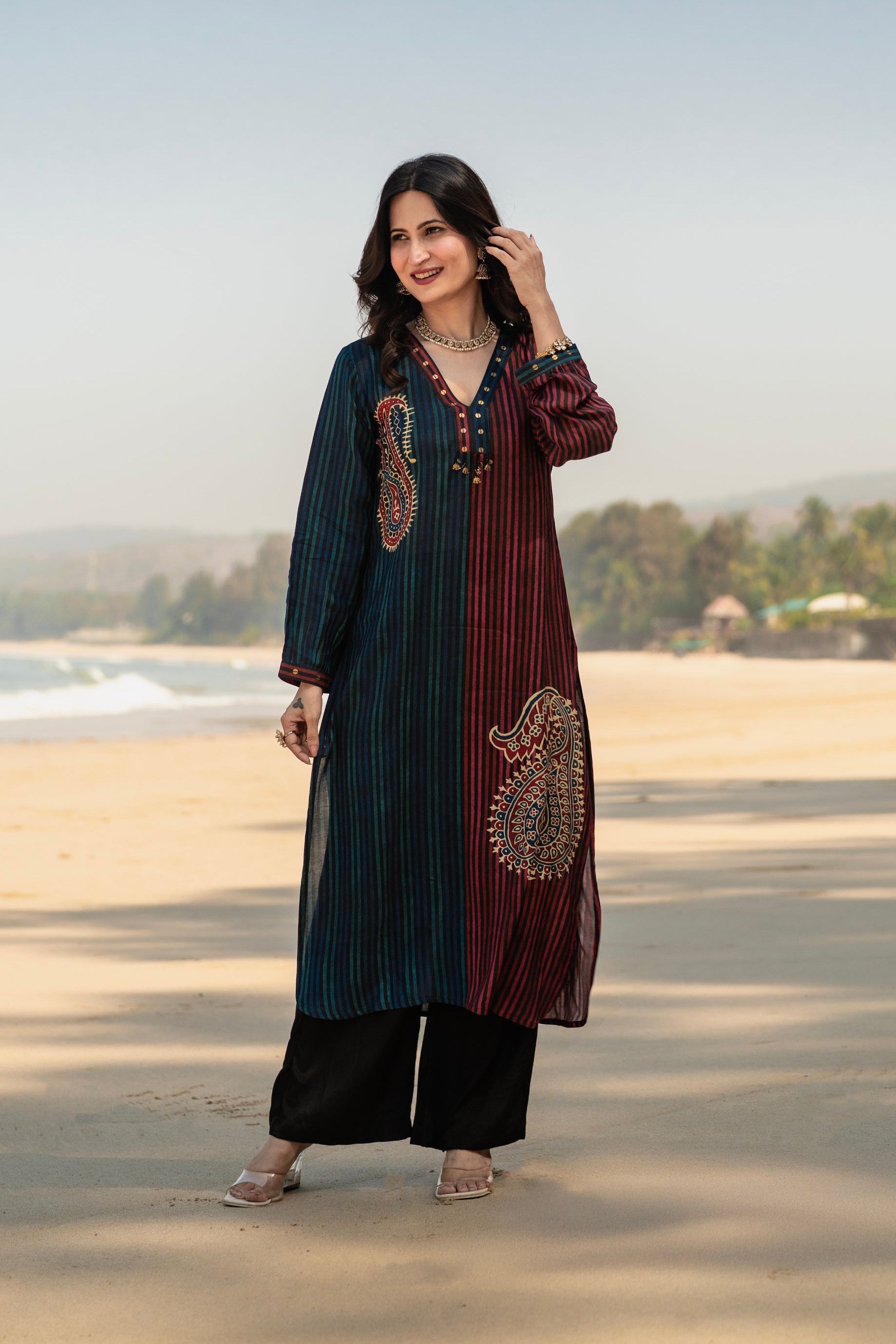 Blue and Red Paisley Lining Print Muslin Kurta Set