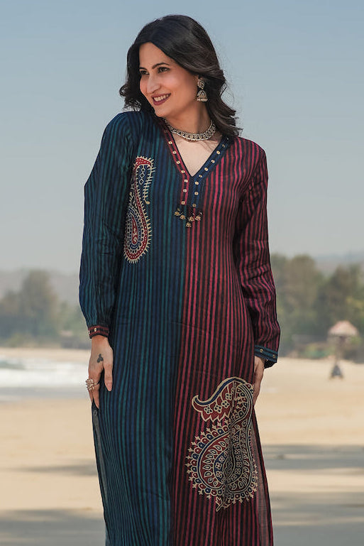 Blue and Red Paisley Lining Print Muslin Kurta Set