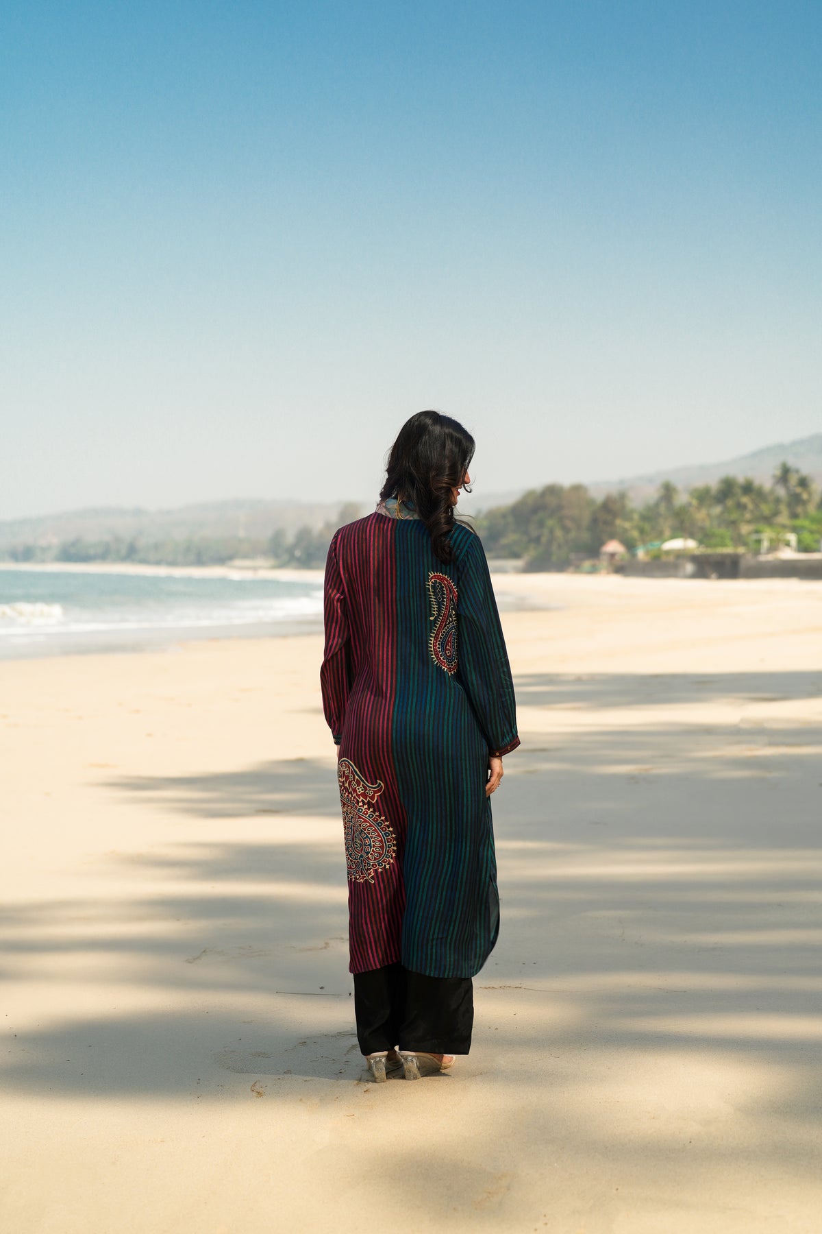 Blue and Red Paisley Lining Print Muslin Kurta Set
