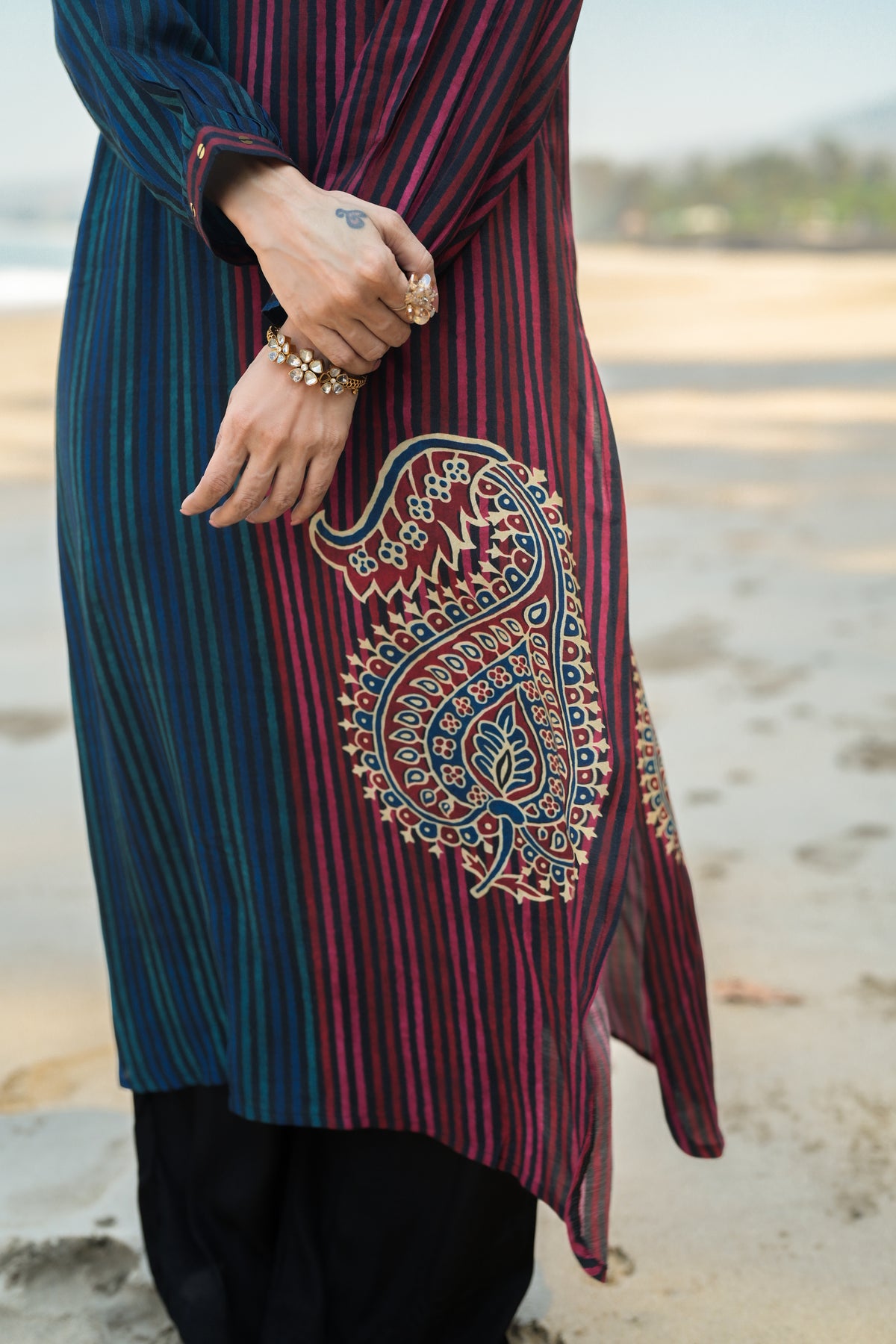 Blue and Red Paisley Lining Print Muslin Kurta Set