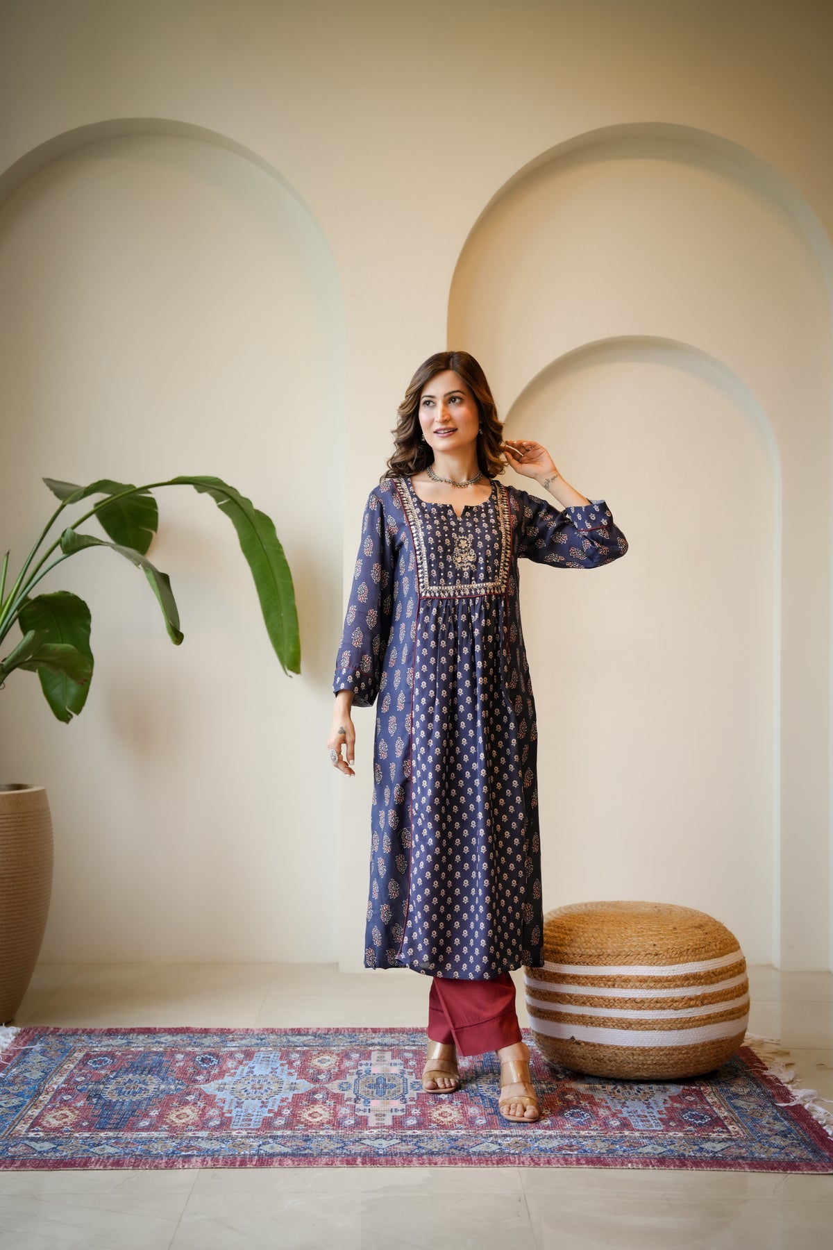 Blue and Red Pleated Gota Work Block Print Kurta Set
