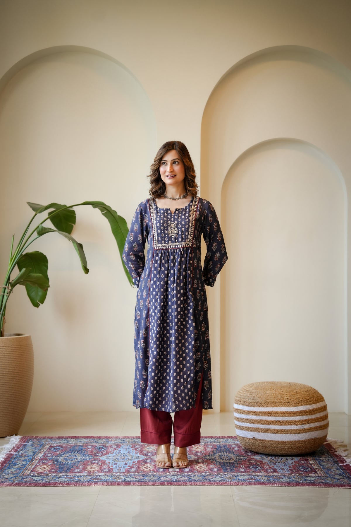 Blue and Red Pleated Gota Work Block Print Kurta Set