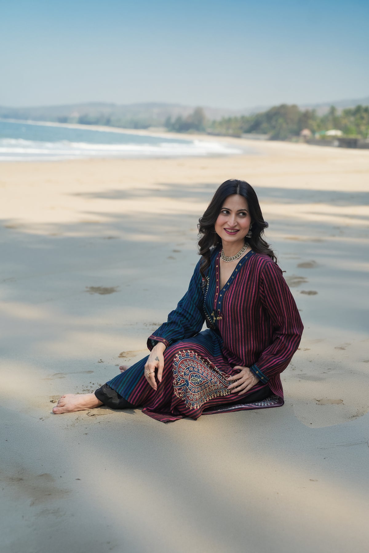 Blue and Red Paisley Lining Print Muslin Kurta Set