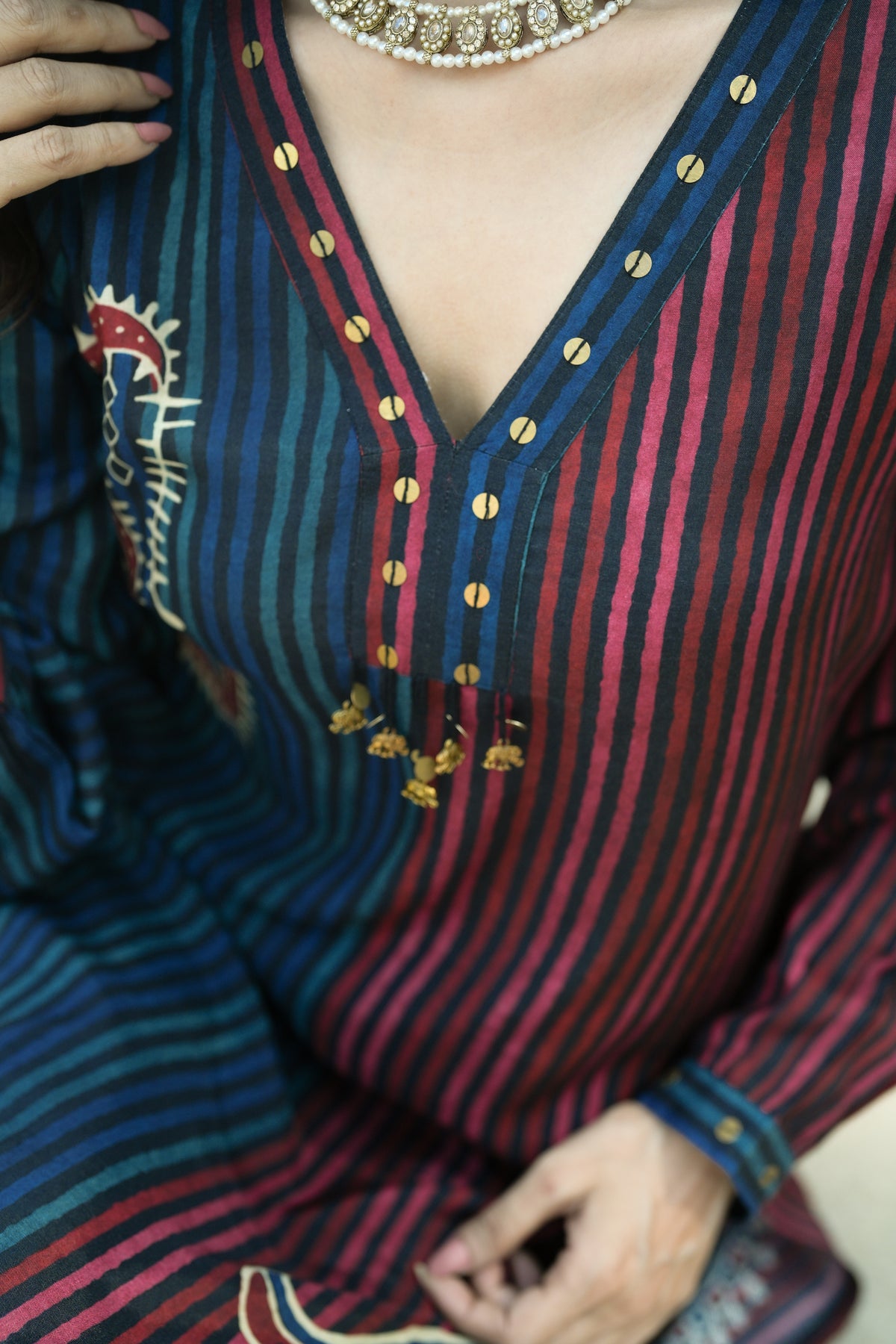 Blue and Red Paisley Lining Print Muslin Kurta Set