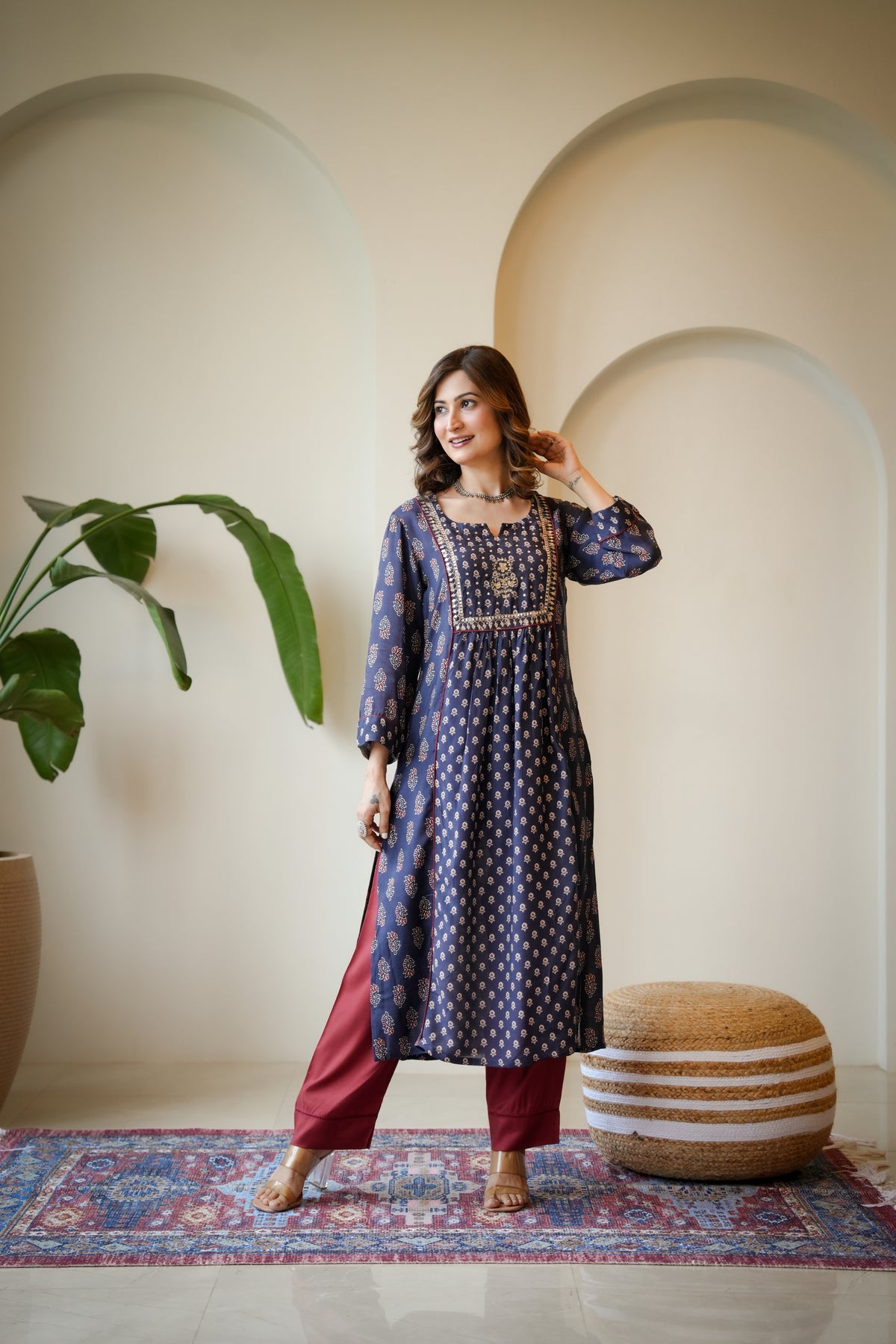 Blue and Red Pleated Gota Work Block Print Kurta Set