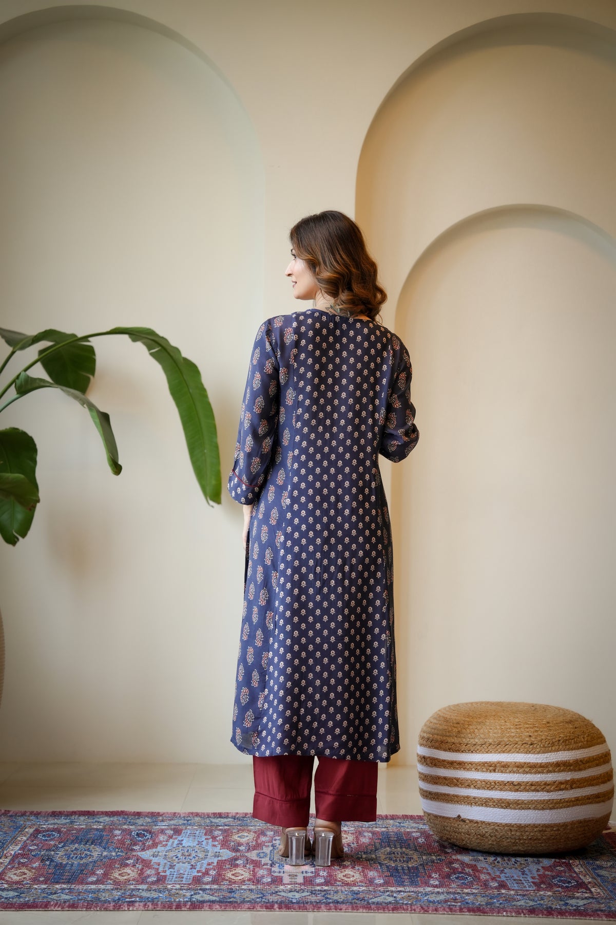 Blue and Red Pleated Gota Work Block Print Kurta Set