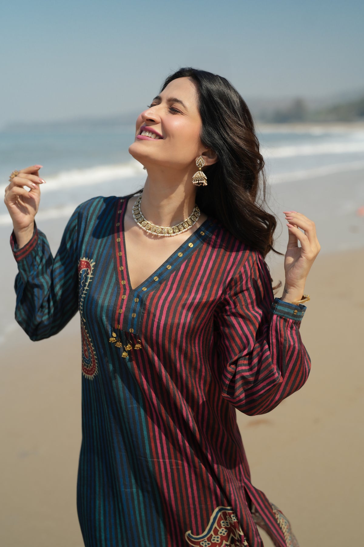 Blue and Red Paisley Lining Print Muslin Kurta Set