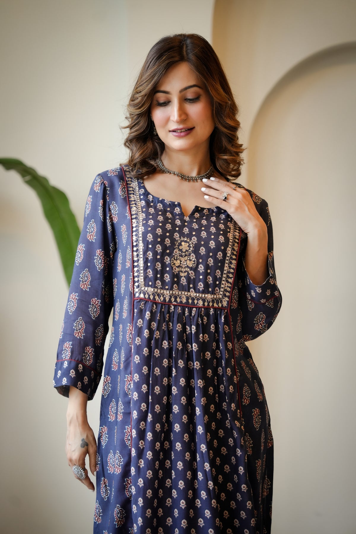 Blue and Red Pleated Gota Work Block Print Kurta Set