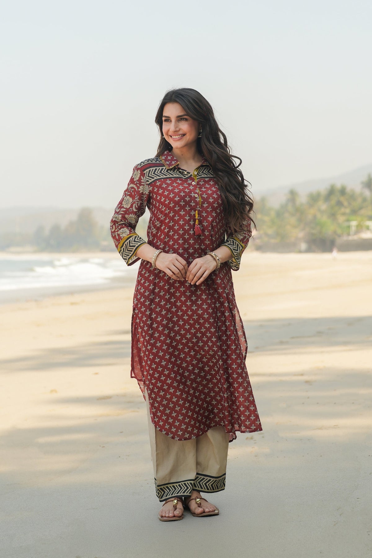 Rustic Red Vayu Mul Chanderi Block Print Kurta Set