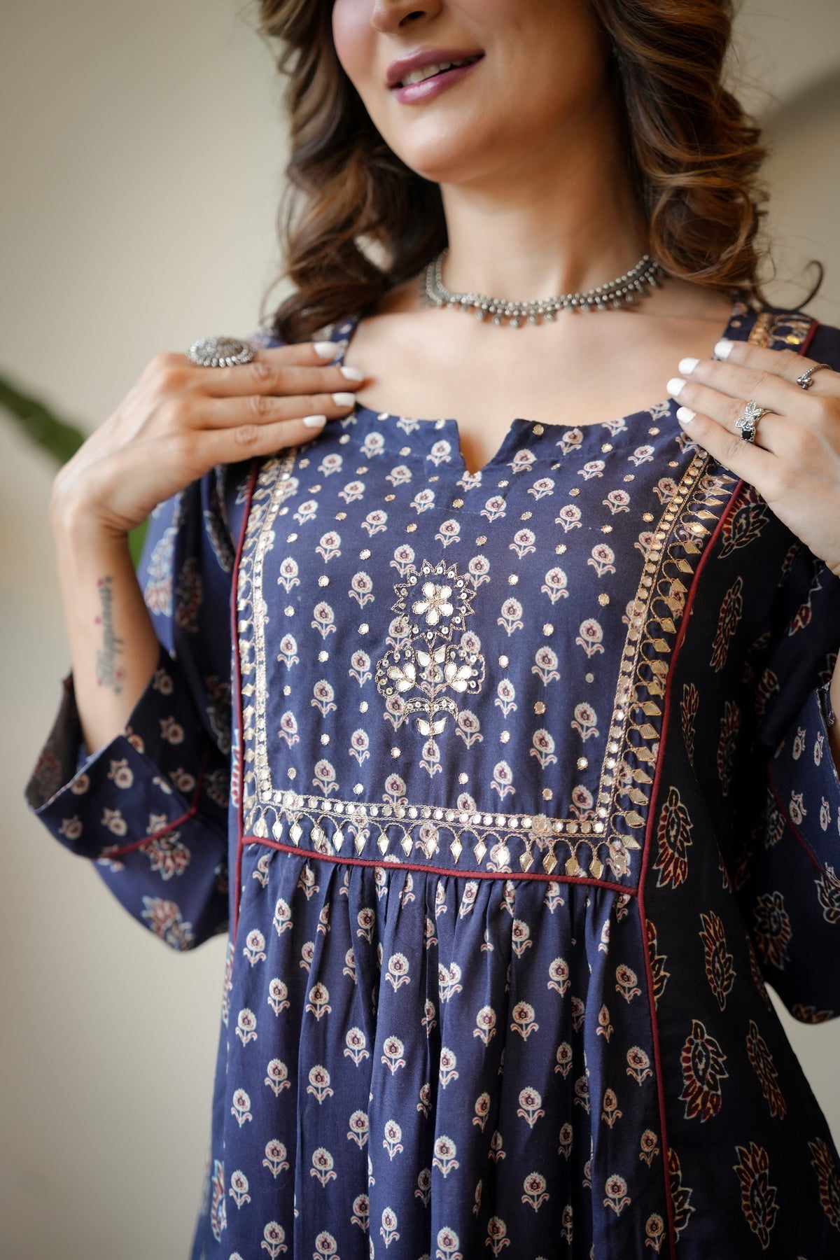 Blue and Red Pleated Gota Work Block Print Kurta Set