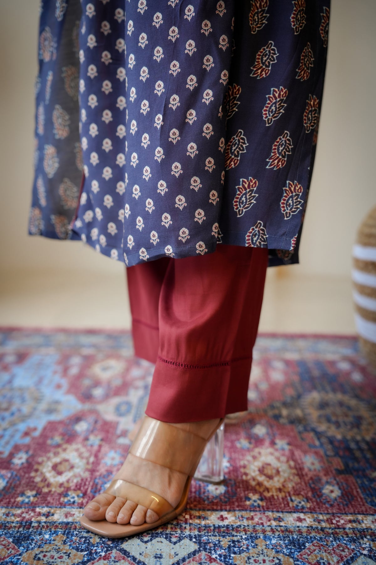 Blue and Red Pleated Gota Work Block Print Kurta Set