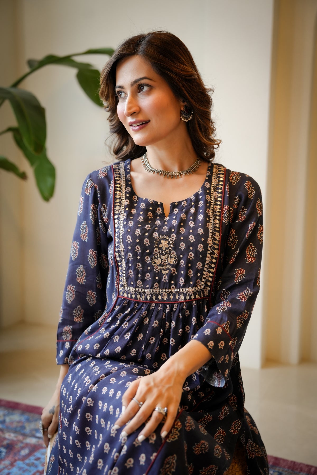 Blue and Red Pleated Gota Work Block Print Kurta Set