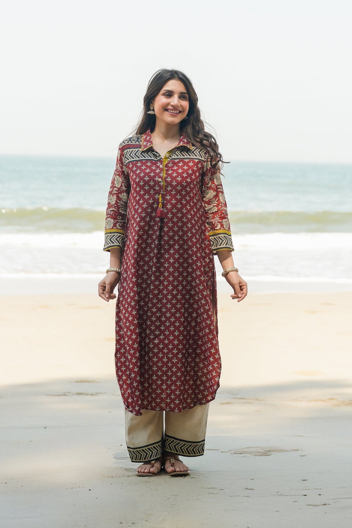 Rustic Red Vayu Mul Chanderi Block Print Kurta Set