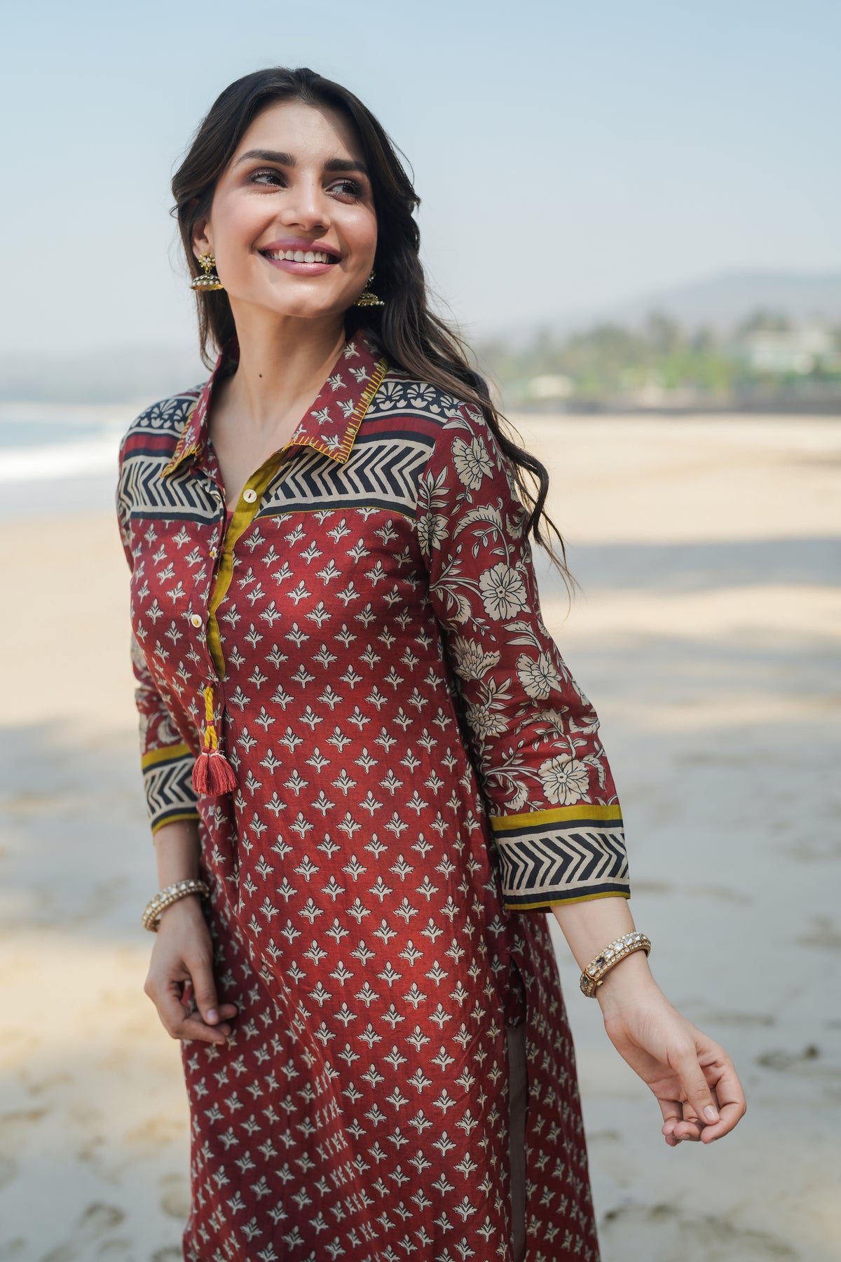 Rustic Red Vayu Mul Chanderi Block Print Kurta Set