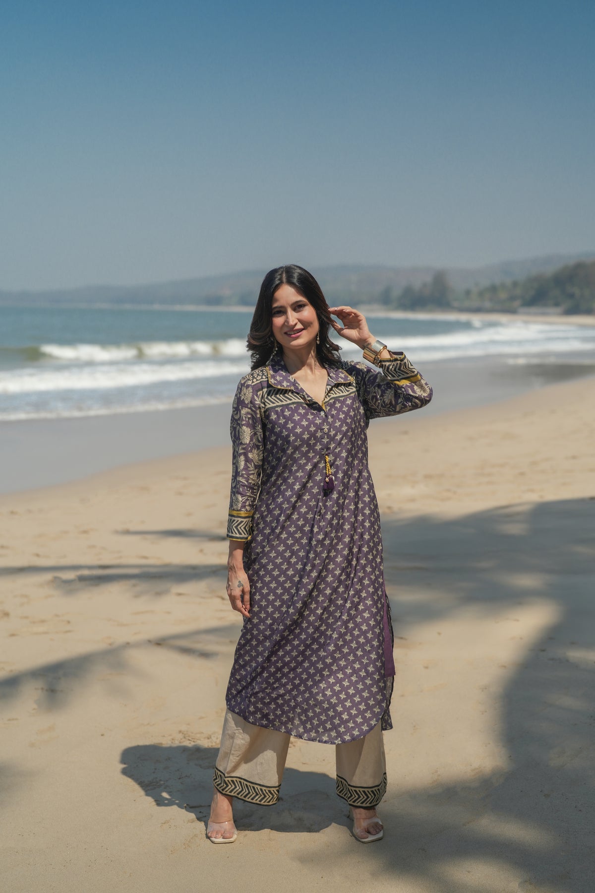 Purple and Yellow  Vayu Mul Chanderi Block Print Kurta Set