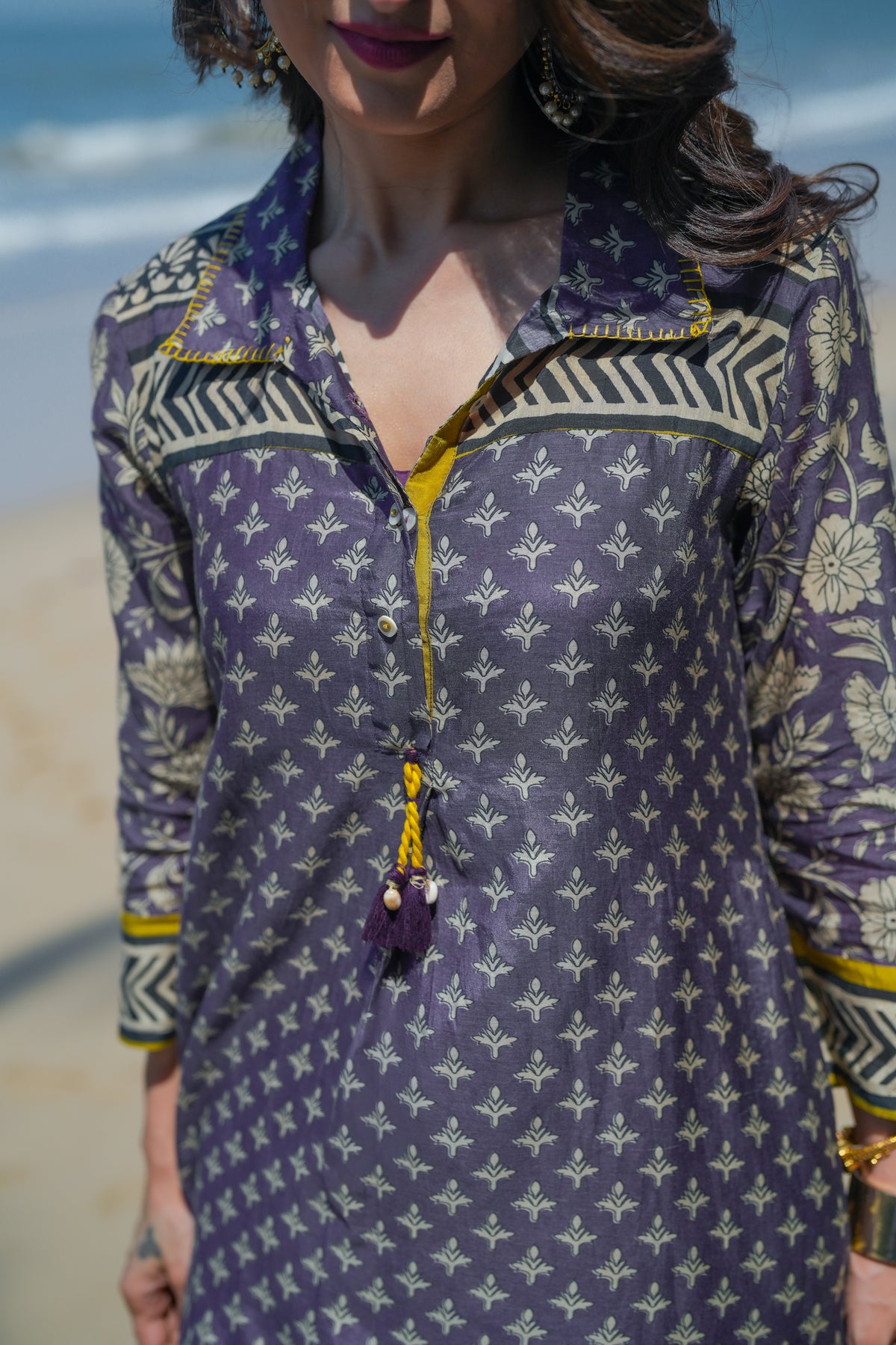 Purple and Yellow  Vayu Mul Chanderi Block Print Kurta Set